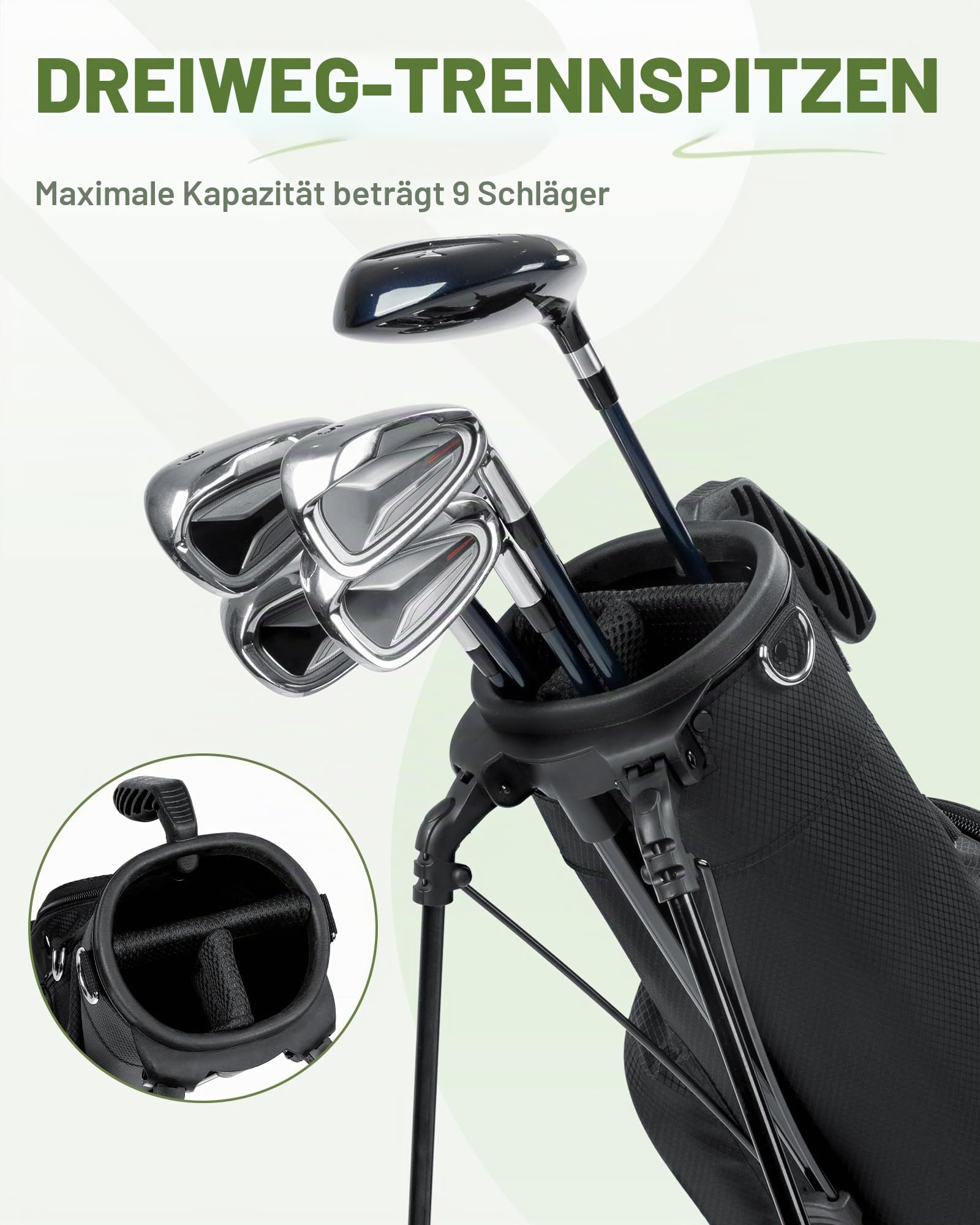 Golf Stand Bag Leicht, Golftasche für Bis zu 9 Schläger mit DREI Wege Trennwänden, Wasserdicht, Inkl Kühlbeutel, Ergonomischer Schultergurt Großes Staufach Unisex für Herren Damen