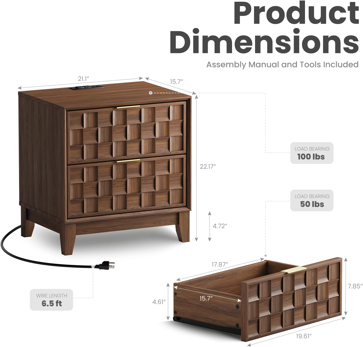 COLAMY Nightstand with Charging Station, 2 Drawers Modern Bedside End Table, with Chessboard Relief and Wood Legs, for Bedroom, Dorm and Small Space - Walnut - Image 2