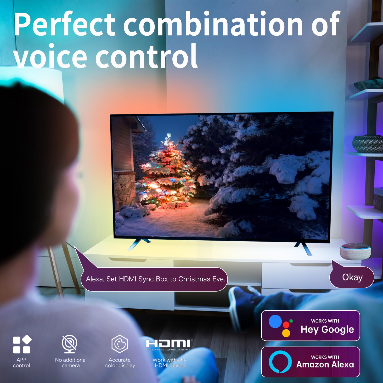 Sophon-Rétroéclairage LED Immersif pour TV avec Boîtier de Synchronisation HDMI 2.0, Compatible 55-65 Pouces et Consoles, Contrôle Intelligent et Synchronisation Audio (3.5M)