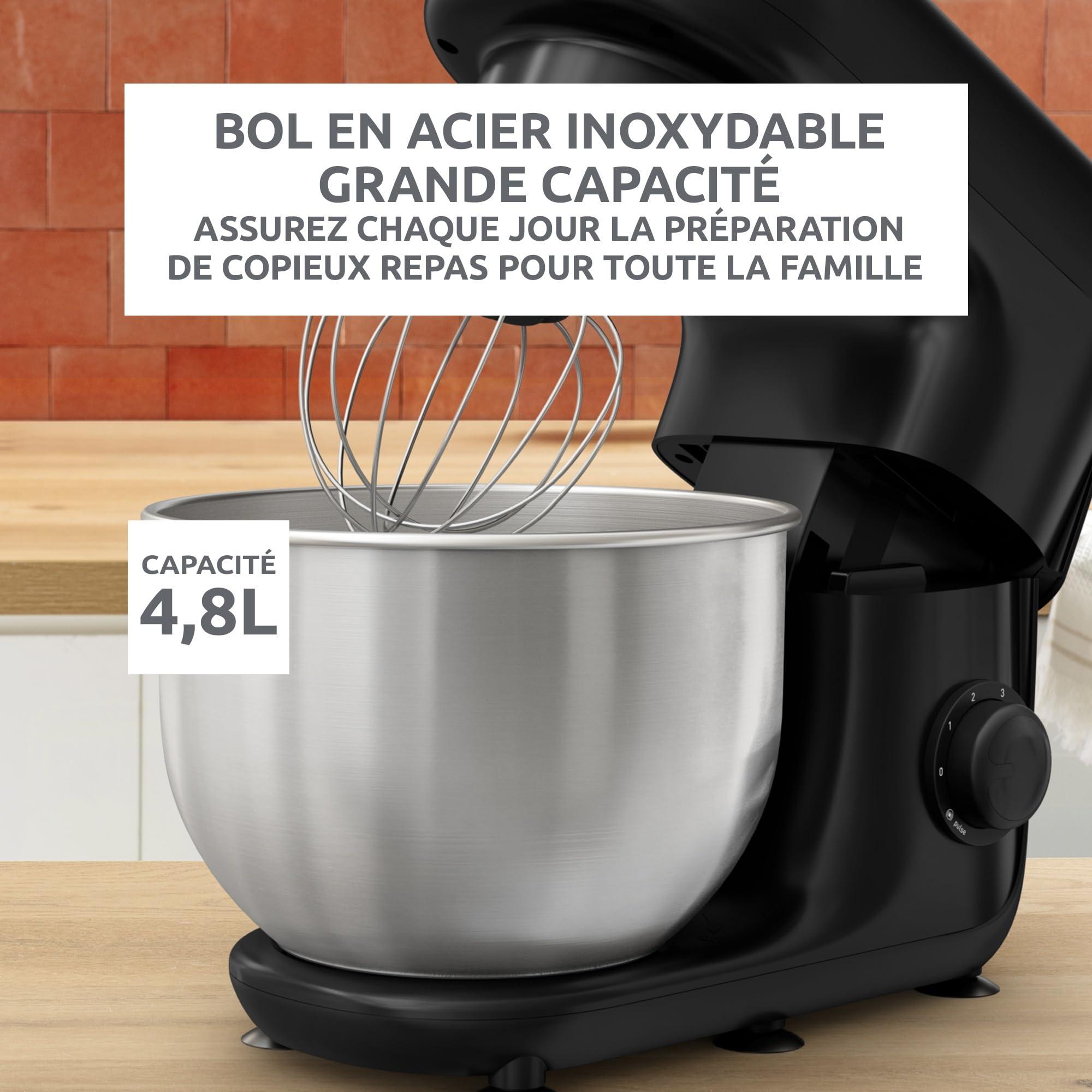 Moulinex Bake Essential, Robot pâtissier, Bol inox 4.8 L, 800 W, Kit accessoires, Batteur, Fouet, Pétrin, Hachoir à viande, Résultat homogène, Noir, QA161810