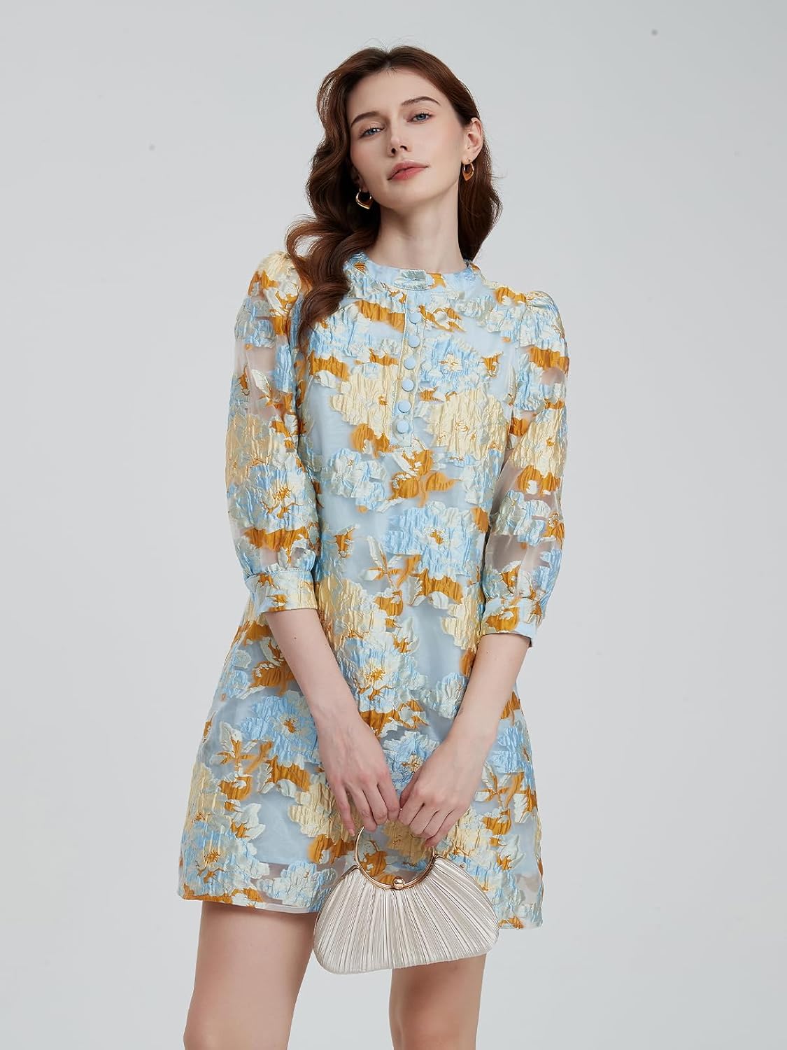 D-Sun Women's Floral Jacquard Dress Crewneck 3/4 Sleeve 3D Embroidered Slim Mini Dress Button Down Fall Elegant Short Dresses - Image 3