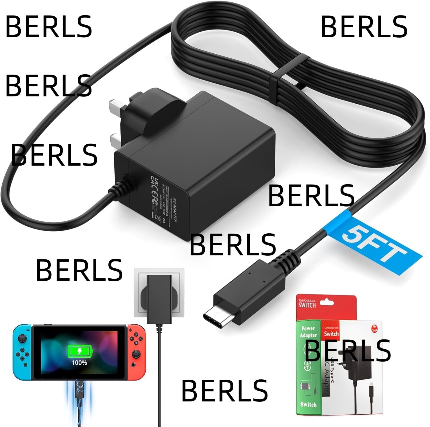 for Nintendo Switch Charger Cable Power Adapter Ac for lite, Dock, OLED, Pro Controller UK Plug 15V 2.6A Fast Charging Support TV Mode