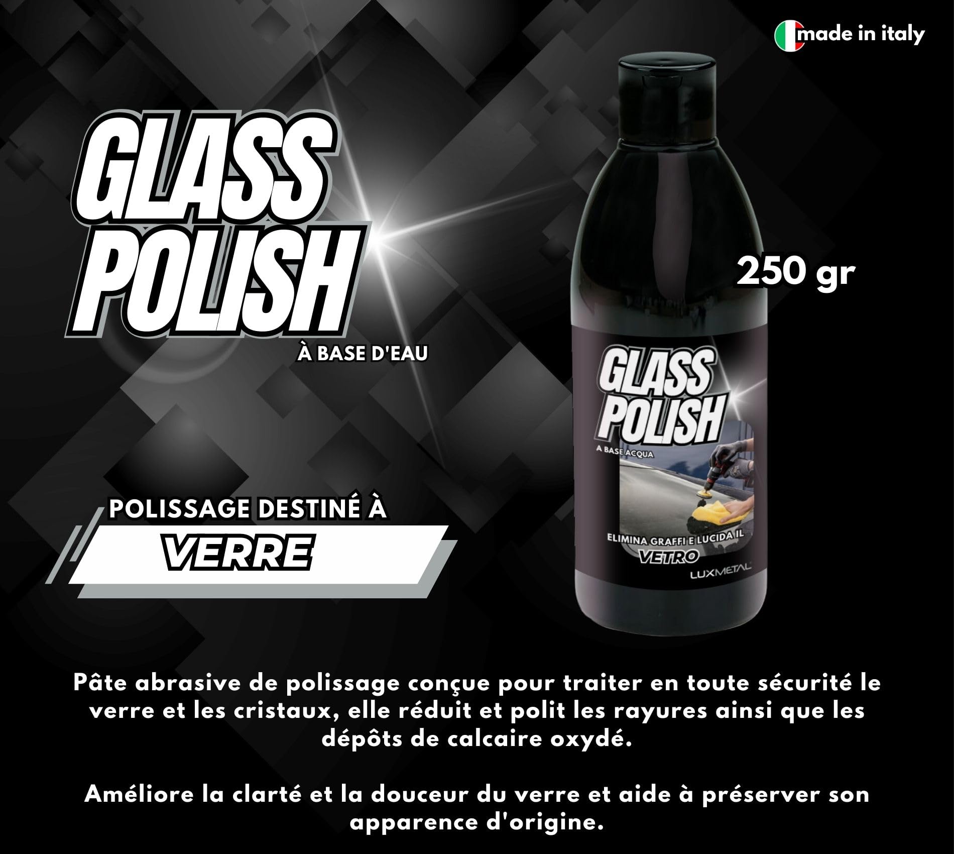 Glass Polish 250g Pâte abrasive pour polir et réparer les surfaces en verre élimine les rayures et l'opacité Idéal pour vitres et rétroviseurs voiture moto bateau carrosserie