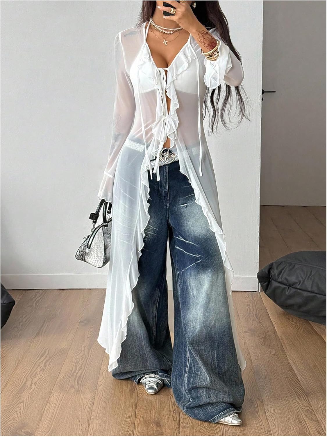 GORGLITTER Women's Sheer Cardigan Mesh Ruffle Bell Long Sleeve Tie Front Tops Y2K See Through Goth Alternative Clothes White Small - Image 4