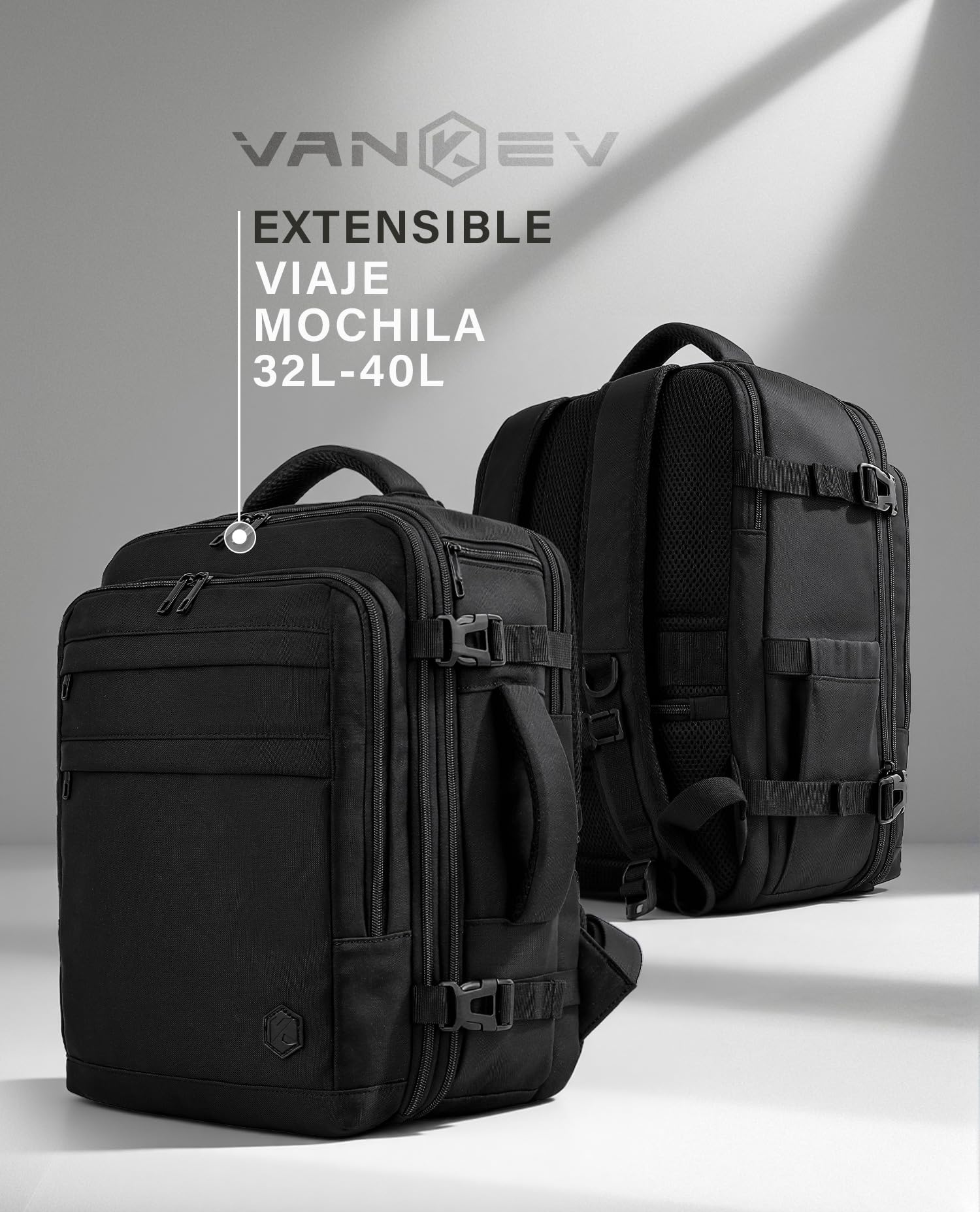 VANKEV Mochila Viaje Cabina Avion Extensible para Vueling Ryanair EasyJet Eurowings 40x30x20, 24L a 30L, 45x36x20, 32L a 40L, Equipaje de Mano Bolso de Viaje Apta para Portátil de 15,6 Pulgadas