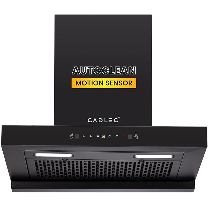 Cadlec PeakFlow 60cm Filterless T-Shape Kitchen Chimney | 1400 m³/hr Powerful Suction | Auto Clean with Oil Collector | Feather Touch + Gesture Control Technology | 20-Year Warranty | Black
