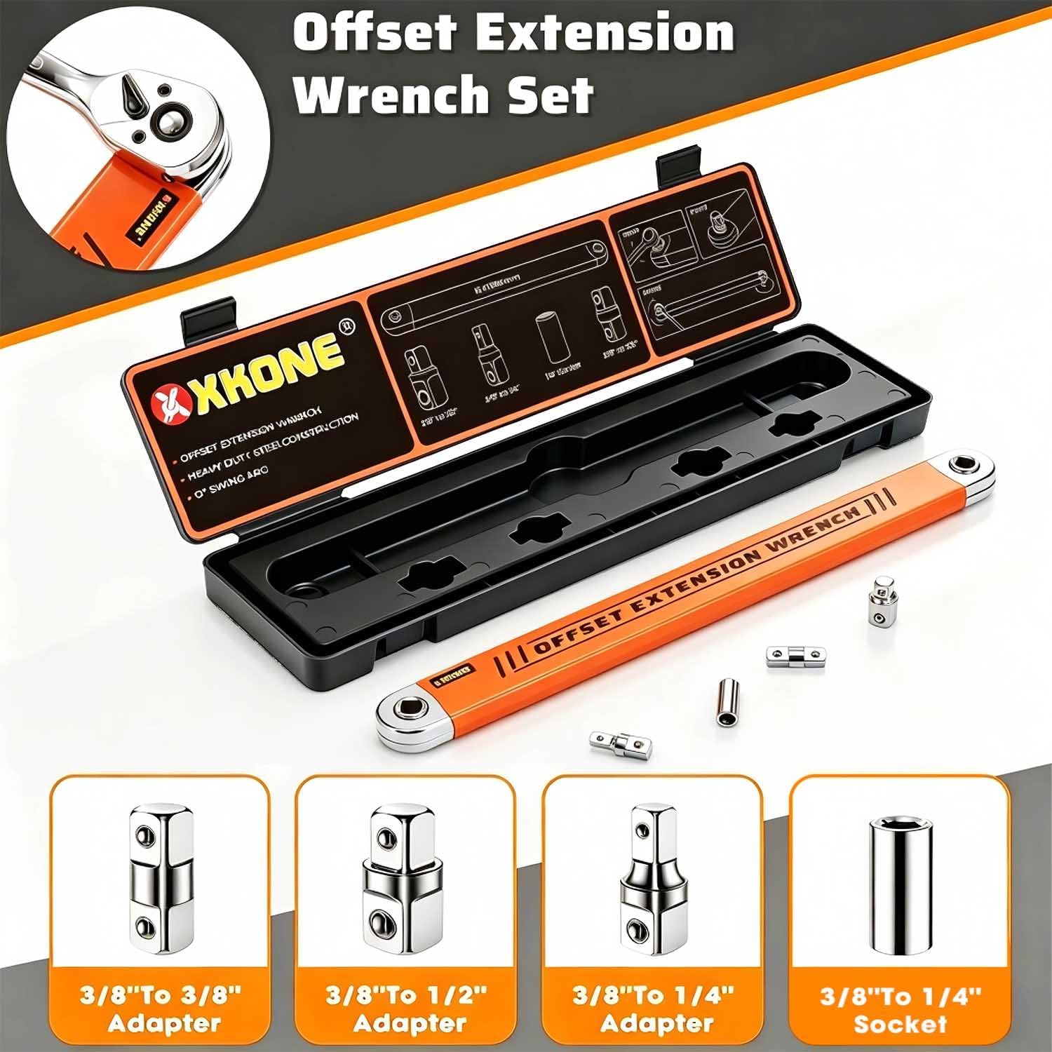 Offset Extension Wrench – Zero-degree Swing for Tight Spaces,3/8" Drive Socket Extender Tool with 1/4",3/8",1/2" Square Adapters and 1/4" Socket.