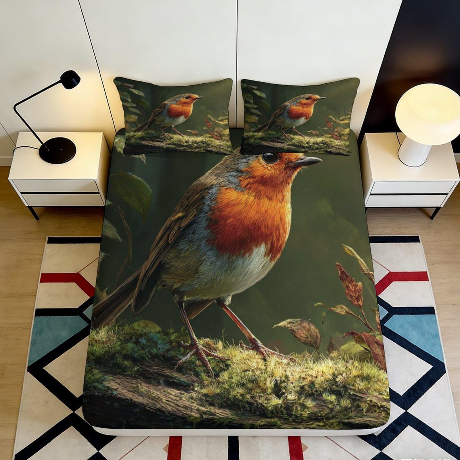 3D Printed Robin Bird Fitted Sheet Microfiber Soft Breathable Forest Nature Mattress Cover for Bedroom Dormitory Guest Room Mattress Protection Decor 120x200x25cm