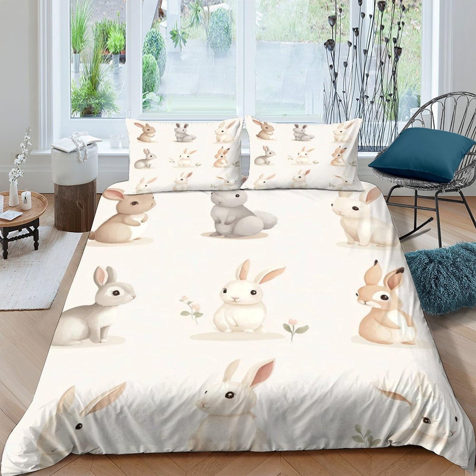 GPLZQXKJNH 3D Printed Cute Rabbit Duvet Cover Microfiber Soft Breathable Bunny Bedding Set with 2 Pillowcases for Bedroom Decor Single（135x200cm）