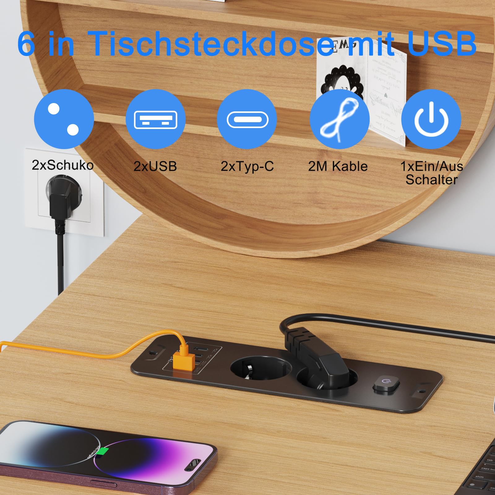 Gniazdo wpuszczane USB, 2 gniazdka stołowe z USB, 4 n 1, potrójne podtynkowe gniazdko z przedłużaczem 2 m z przełącznikiem, listwa zasilająca do biura, domu, kolor czarny
