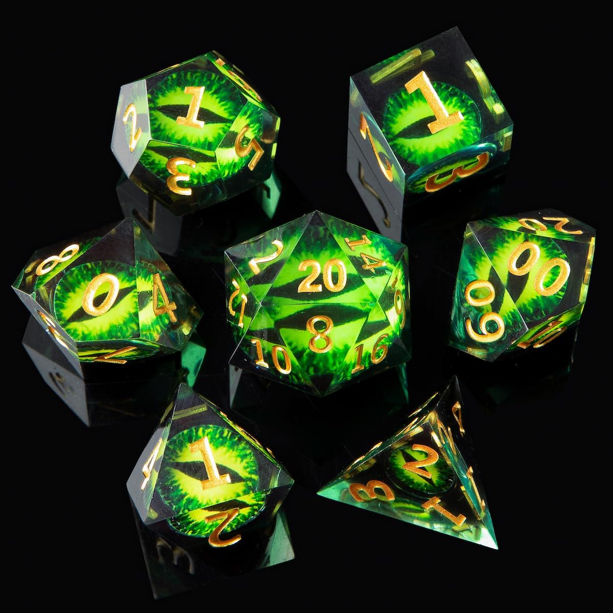 Beholder's Eye - Juego de dados DND con borde afilado, diseño de ojo de dragón, 7 accesorios hechos a mano, dados poliédricos para juegos de rol, mazmorras y dragones, dados D&D (ojos de dragón verde)