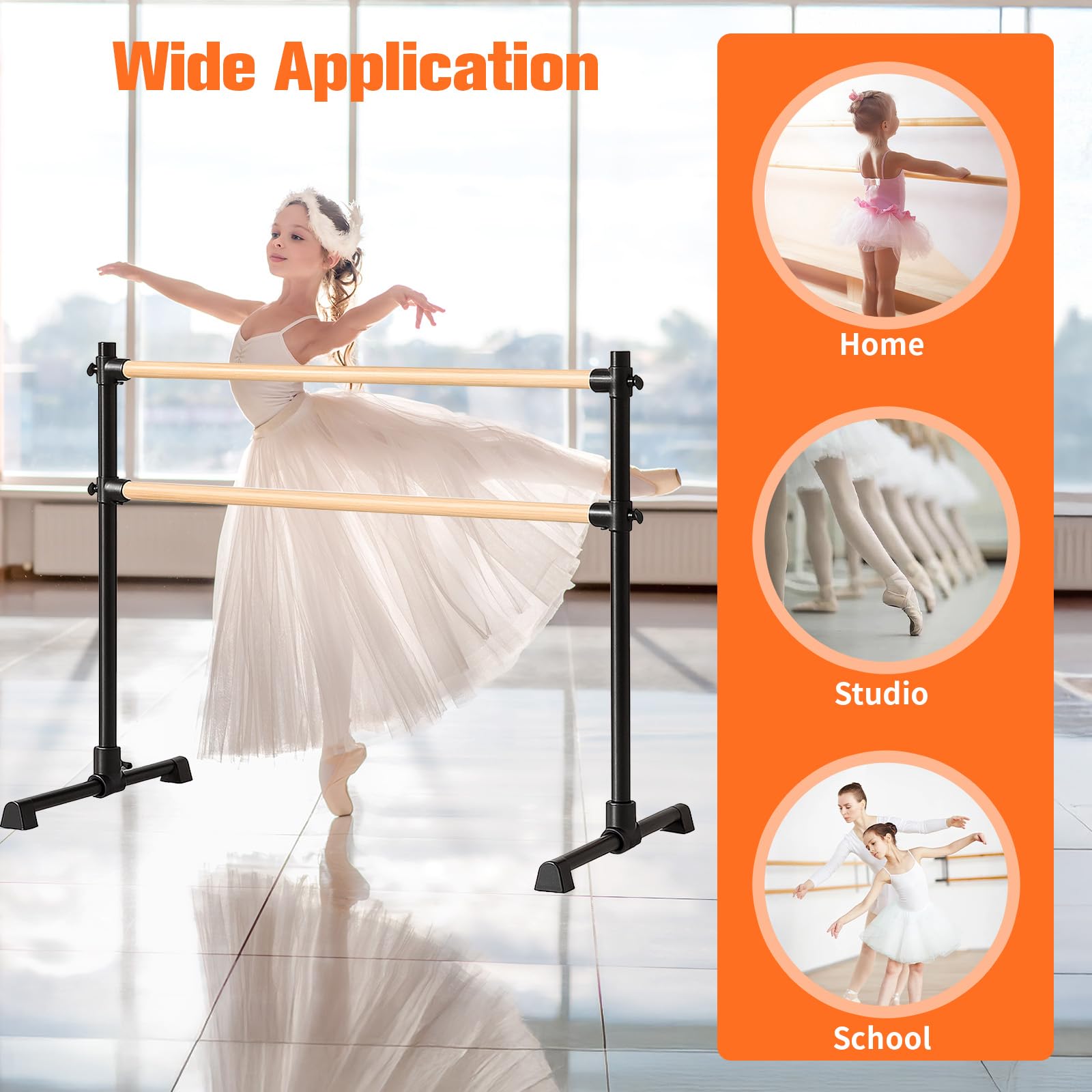 Barra de ballet doble independiente, barra de ballet ajustable en altura, barra de baile portátil con pies antideslizantes para niñas, niños, adultos, fitness, yoga, entrenamiento en casa