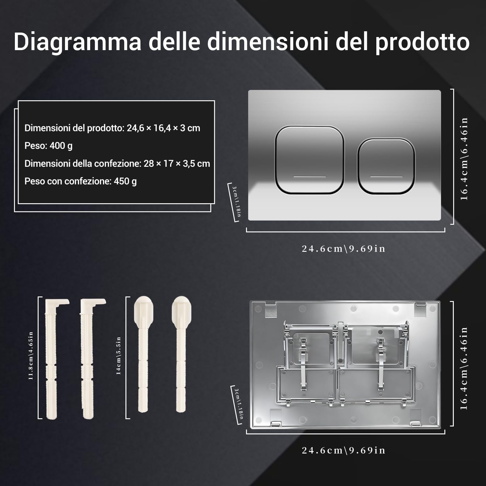 Placca di comando per WC sospeso, piastra di azionamento, piastra a pulsanti, compatibile con Geberit Sigma 01, UP300 e UP320, funzione di doppio scarico | lucido (Cromato con cerchio argentato)