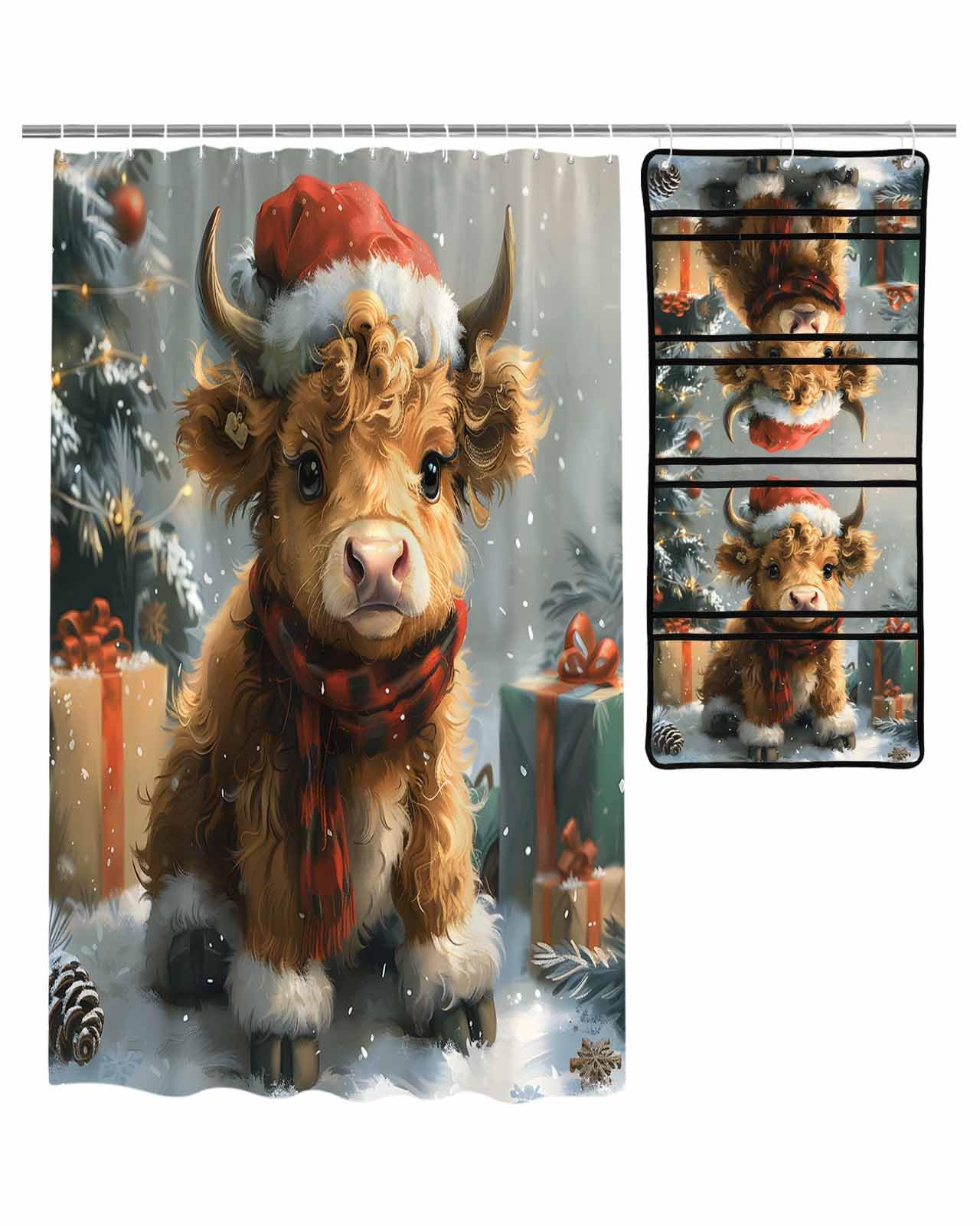 ZFUNCING Shower Curtain Mesh Shower Organizer Set Christmas Cute Yak with Santa Hat Waterproof Bath Curtains Hanging Shower