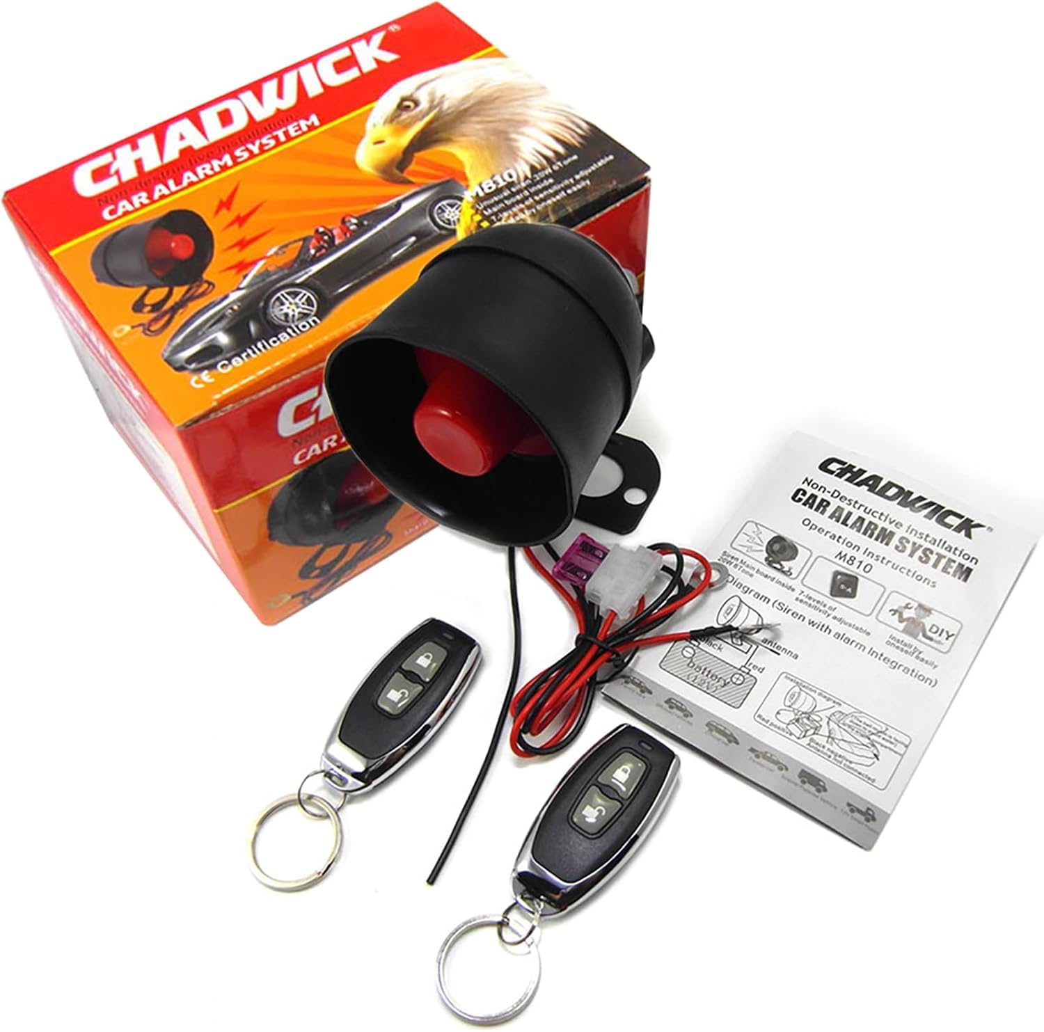 CHADWICK Sirène d'alarme de voiture, système de protection universel avec 2 télécommandes, sensibilité à 7 niveaux, 12 V, dispositif antivol, pas de filetage inclus, installation non destructive (CW