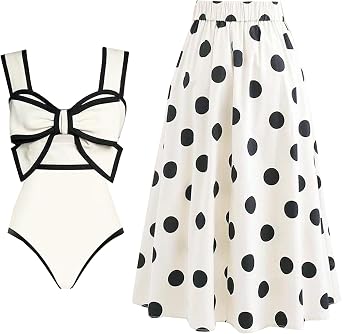 2 Pieces Women One Piece Swimsuit Retro Print Summer Beach Bathing Suit with Maxi Wrap Skirts.L2