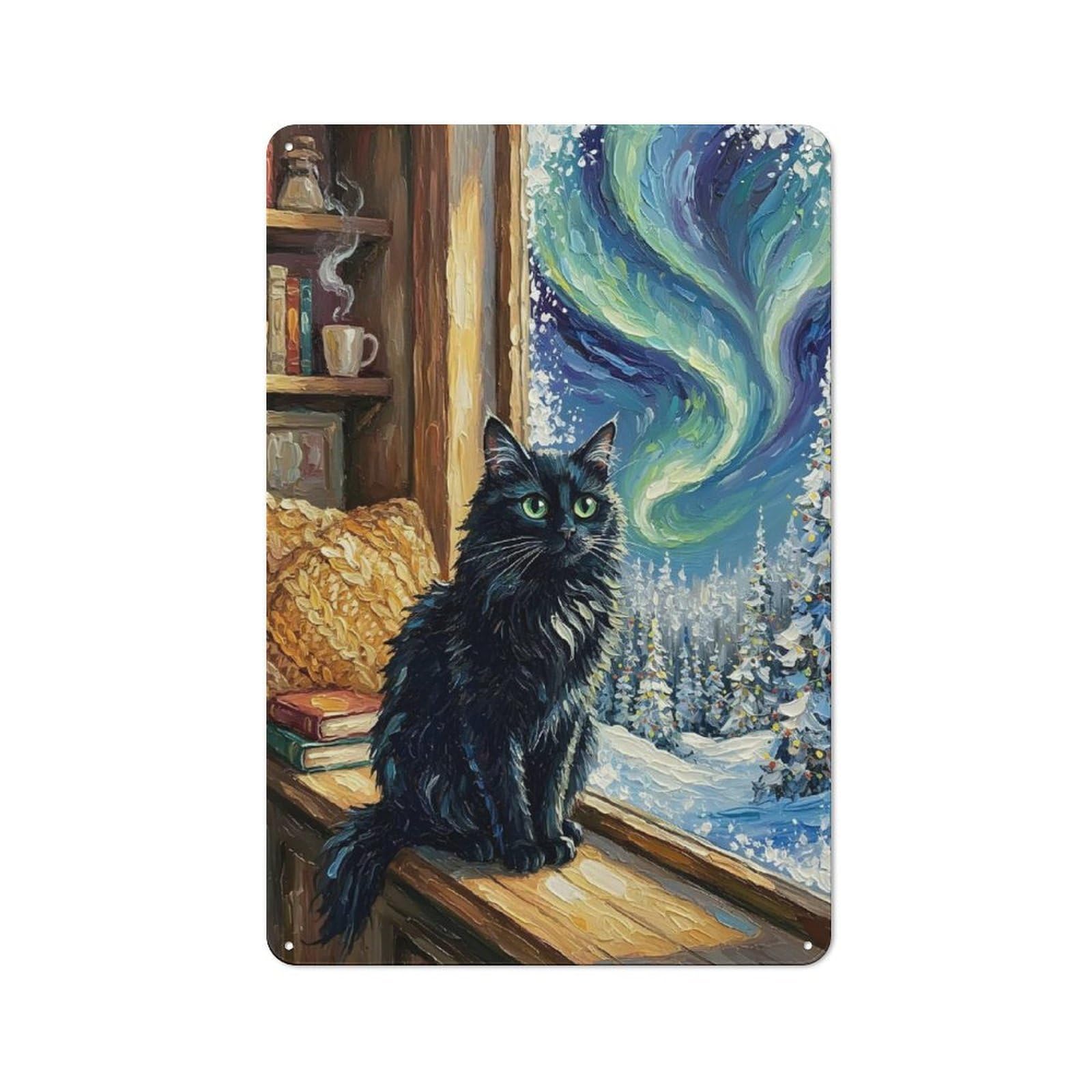 Junmoney Style-6 Classic Black Cat By Window With Aurora Metal Wall Sign 30X20cm, Pub Wall Decor For Diner, Restaurant, Shed Or Kitchen