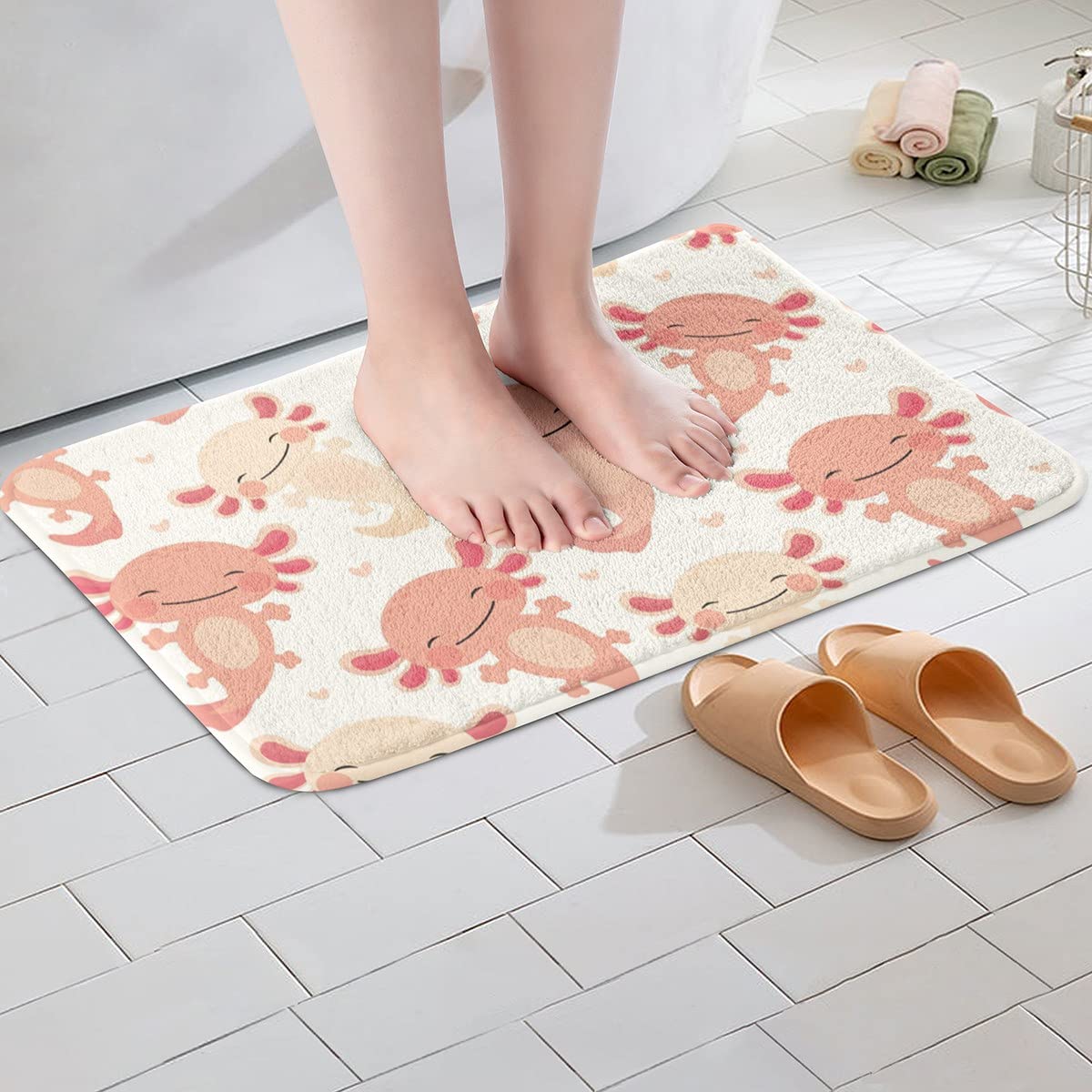 Tapis De Bain Axolotl Salamandre - 76,2 X 50,8 Cm - Rose - Doux, Absorbant, Antidérapant - Lavable En Machine