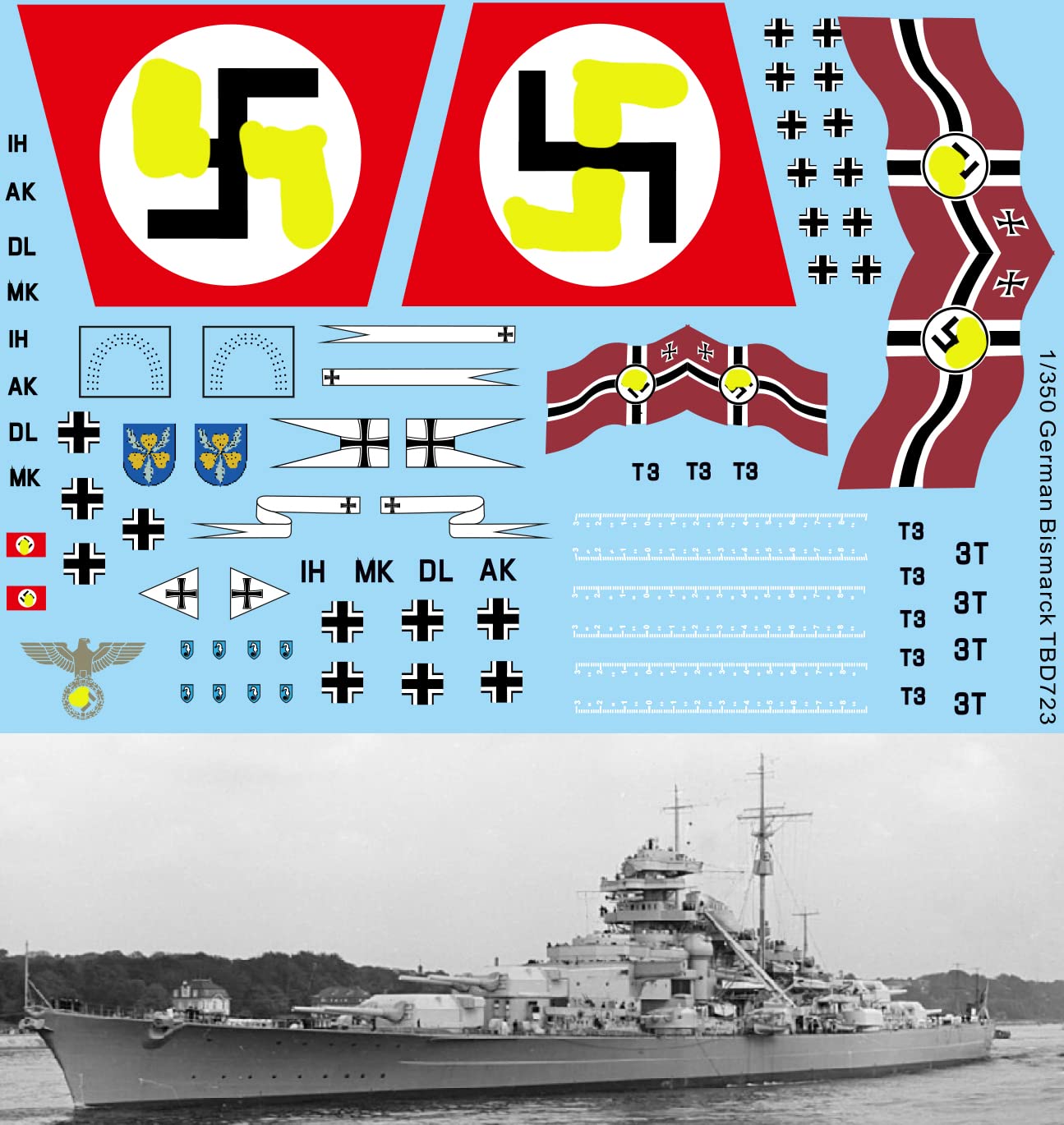 Generisch 1/350 Waterslide Decals für Bismarck Deutscher Schlachtschiff TB Waterslide Decals TBD723