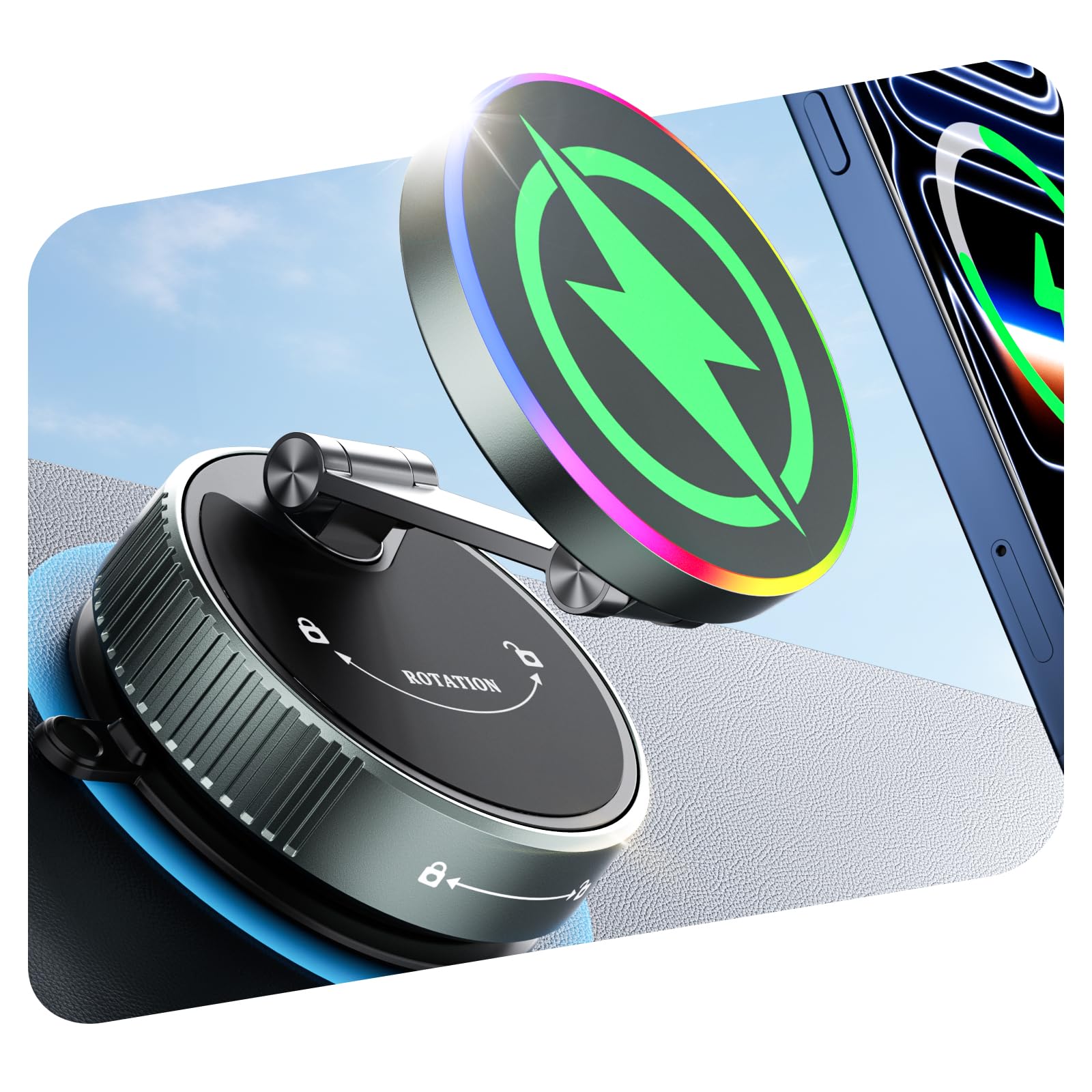 CloudValley 15W Wireless Charger Magnetic Car Mount Phone Holder Carbon Fiber, Dashboard/Windshield 360° Adjustable Stand [Compatible With MagSafe] Wireless Charging Arm For IPhone 17-12 Series - View #6