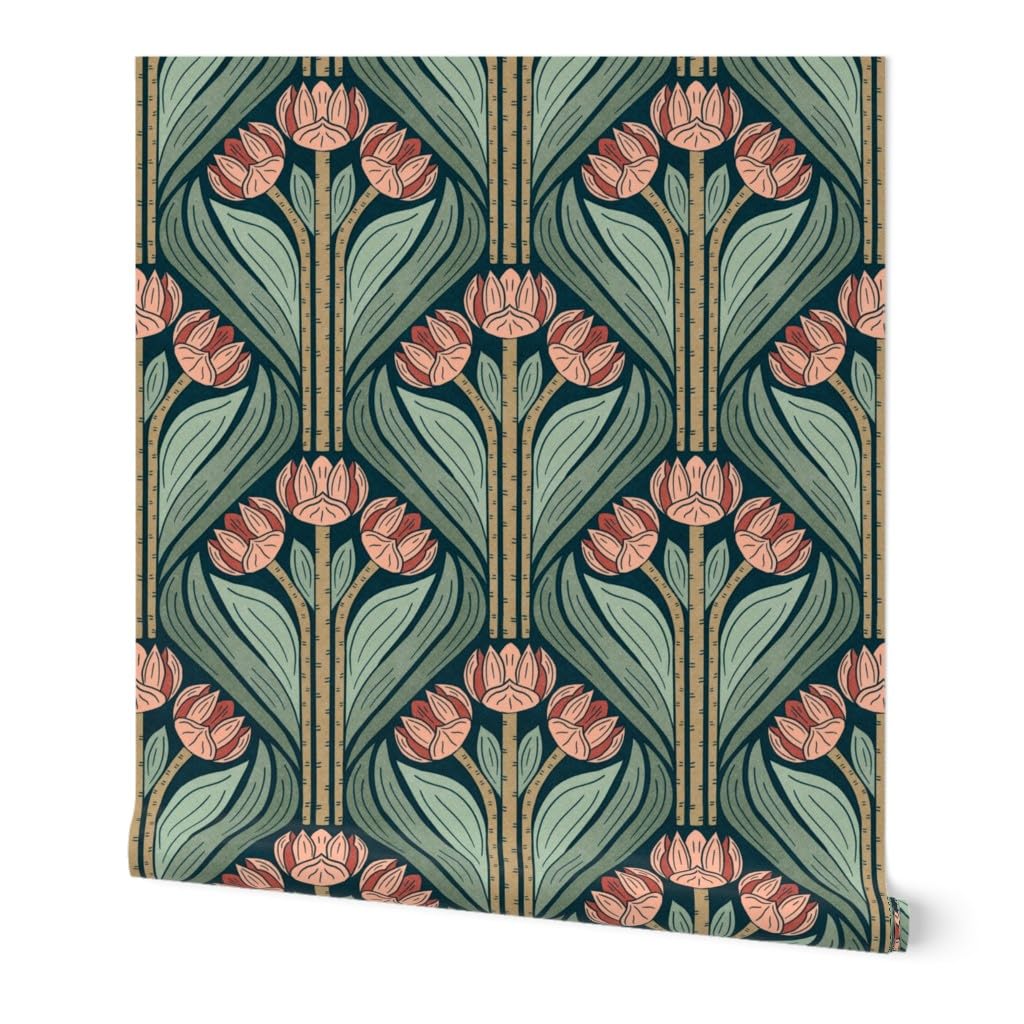 Peel & Stick Wallpaper Swatch - Pink Floral Green Botanical Art Deco Damask Geranium Flower Custom Removable Wallpaper