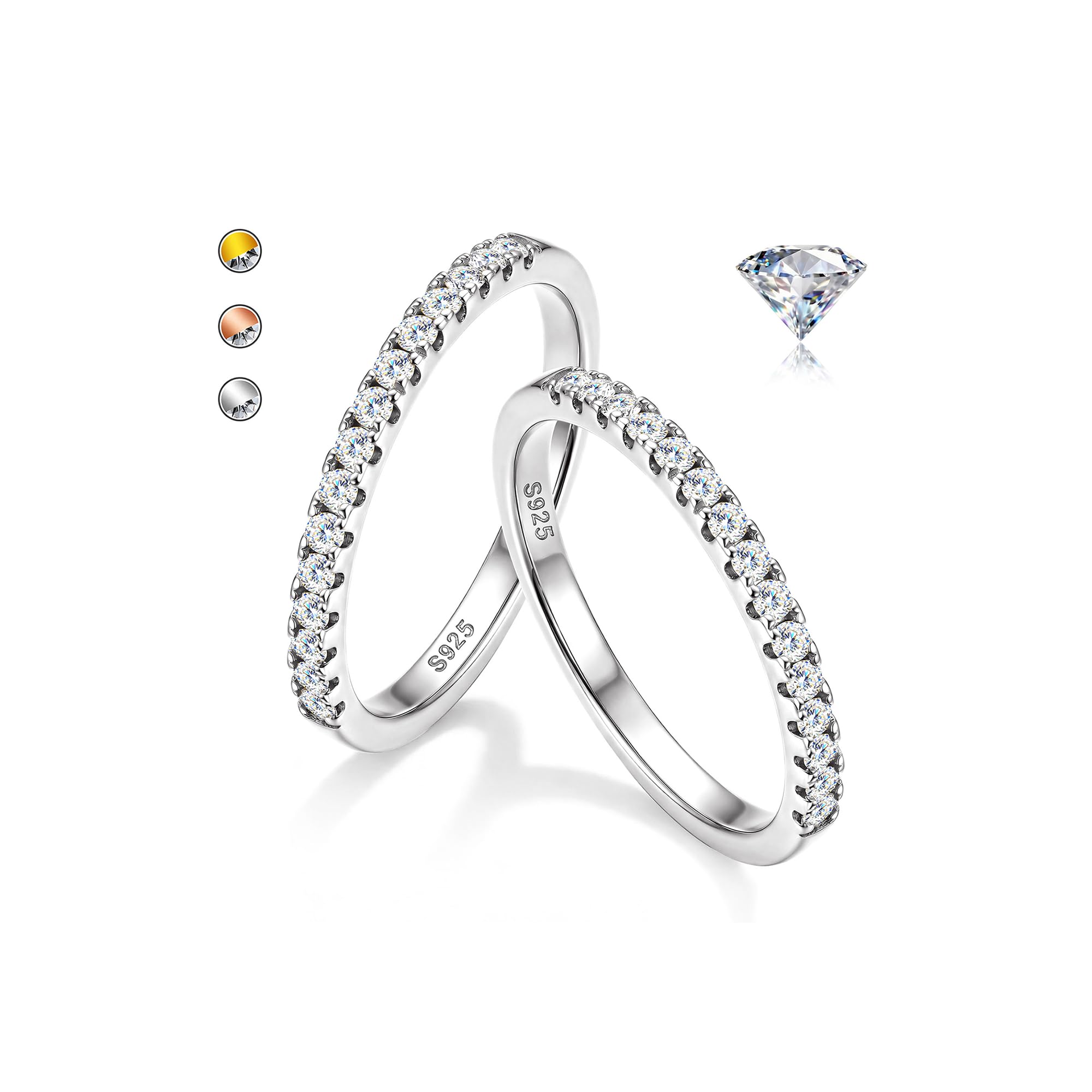 GEMQUEEN 2 Pcs 925 Sterling Silver Moissanite Ring Set, Sizes 4-10