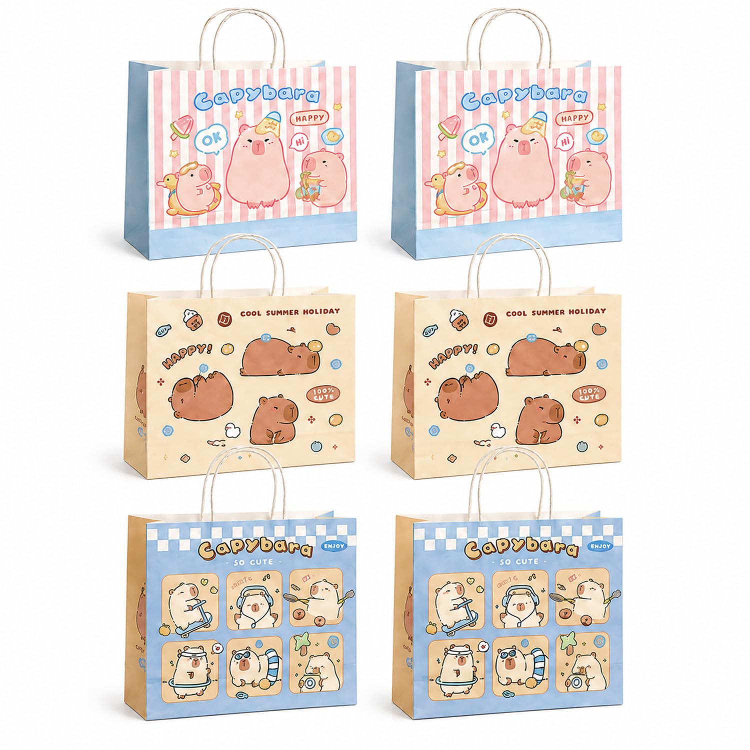 6 Pack Capybara Gift Bag, Birthday Gift Bag Set with Capybara Designs, Cute Capybara Party Bags, Paper Birthday Gift Bag for Presents, Party and Celebration Gifts