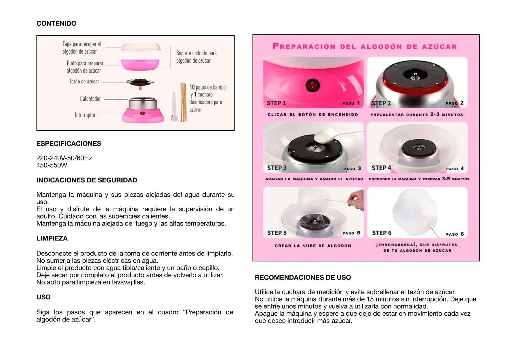 Máquina para Algodón de Azúcar SIDRAL + 10 Palos + 10 Monodosis Azúcar