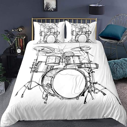 Feelyou Juego de ropa de cama de música rock para niños pequeños, funda de edredón estilo boceto de dibujo, baterista, monocromo, decoración