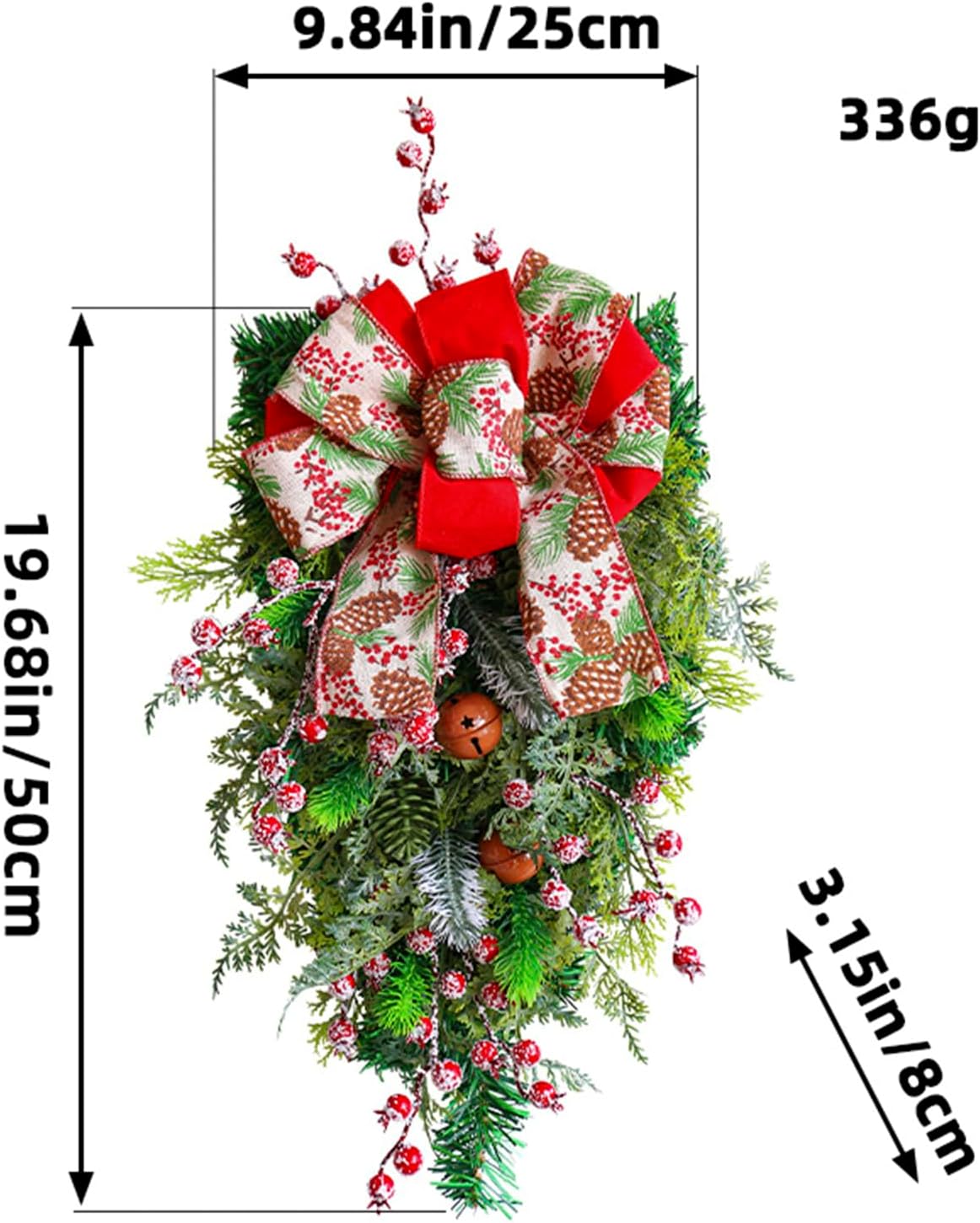 Christmas Teardrop Swag 50 cm/19 Inch Artificial Stair Decorations, Christmas Door Wreath with Snow Fruits and Bells for Outdoor Stair Railing Wall Window Fireplace Home Decor,4 Pack