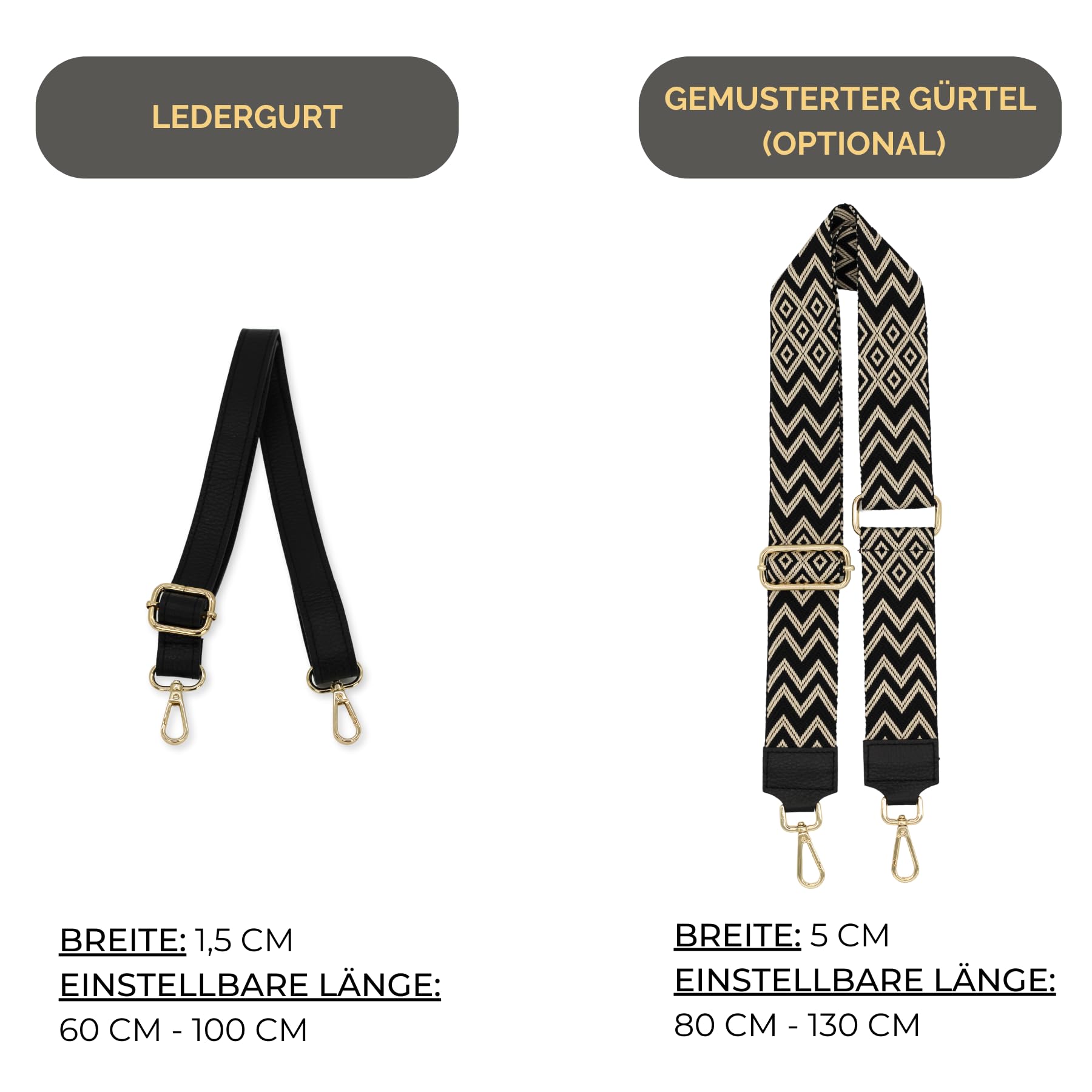 BRISE - Marsupio da donna SAHEL, realizzato a mano, in vera pelle, con cintura in pelle+cinghie larghe a fantasia, elegante marsupio, made in Italy, Nero , Gold Zipper-3, Contemporaneo