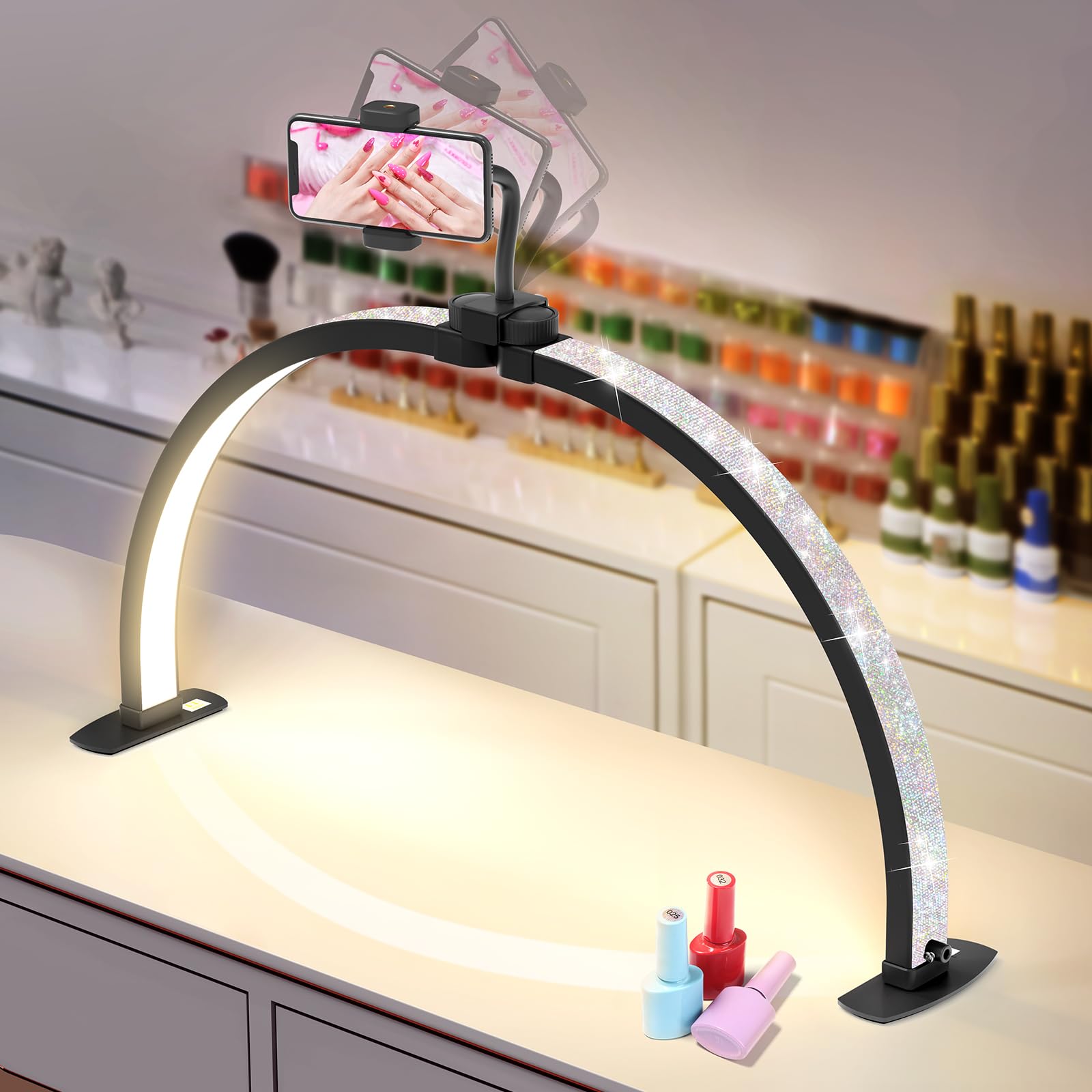 Half Moon Light for Nail Desk: 29"Arch Nail Desk Lamp with Phone Holder for Beginner - 3 Color Modes & 10 Brightness Adjustable - Foldable Half Moon Desk Lamp for Salon (Black with Diamond, Large)