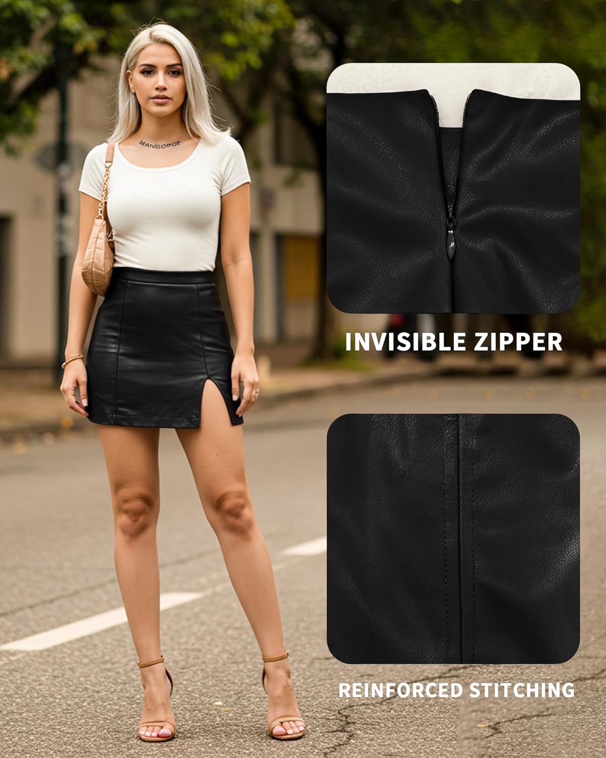 MANGOPOP Womens High Waist Bodycon Mini Short Faux Leather Skirt with Slit - Image 4