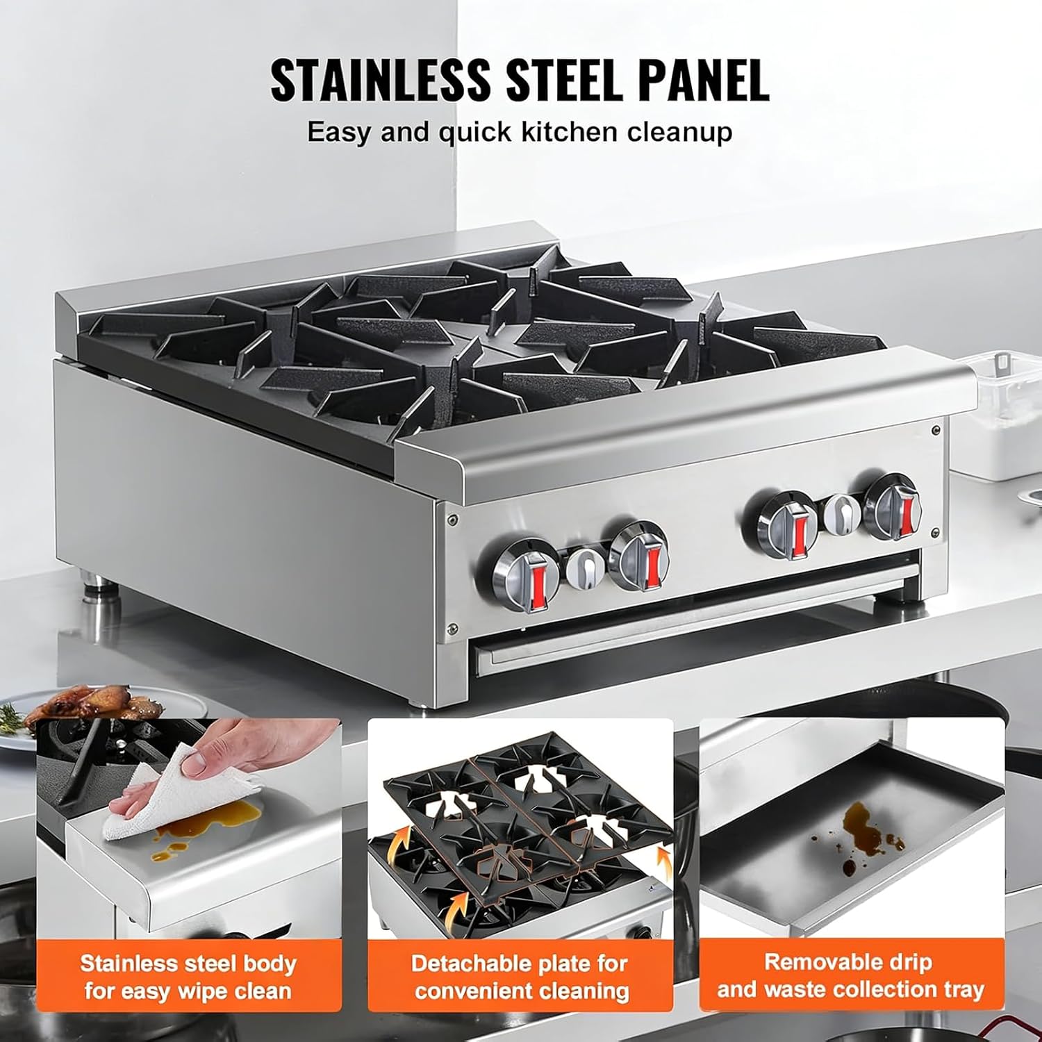 Professional Commercial Gas Stove 100,000 BTU with Cabinet - Heavy Duty Stainless Steel Restaurant Range, Propane/Natural Gas Convertible, Countertop Cooking Equipment for Catering Kitchen (4 Burners)
