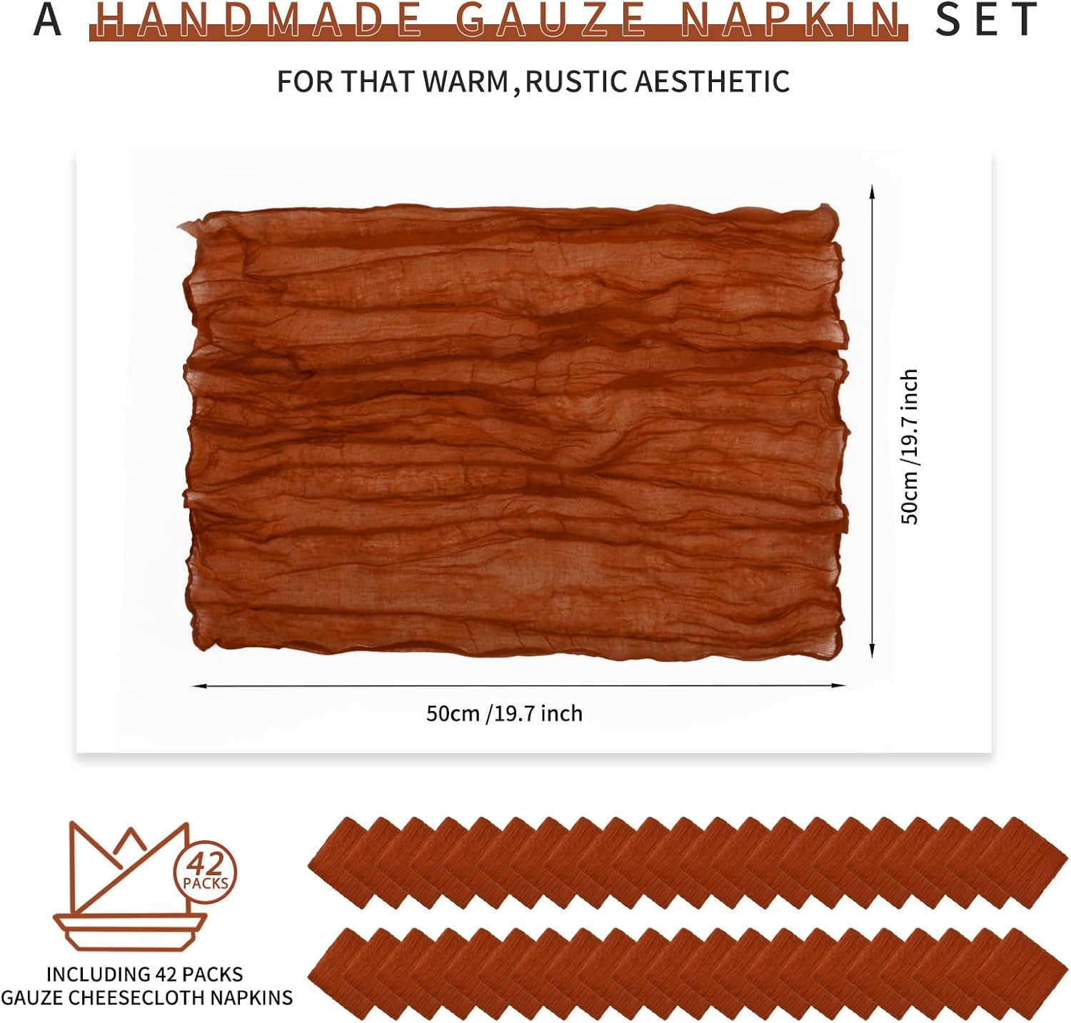 Teruntrue Set of 42 Gauze Cheesecloth Napkins Wrinkled Dinner Napkins, Terracotta Rustic Boho Napkins Soft Cotton Table Napkins Decorative Cloth Napkins for Wedding Party Table Decoration,20 x 20 Inch