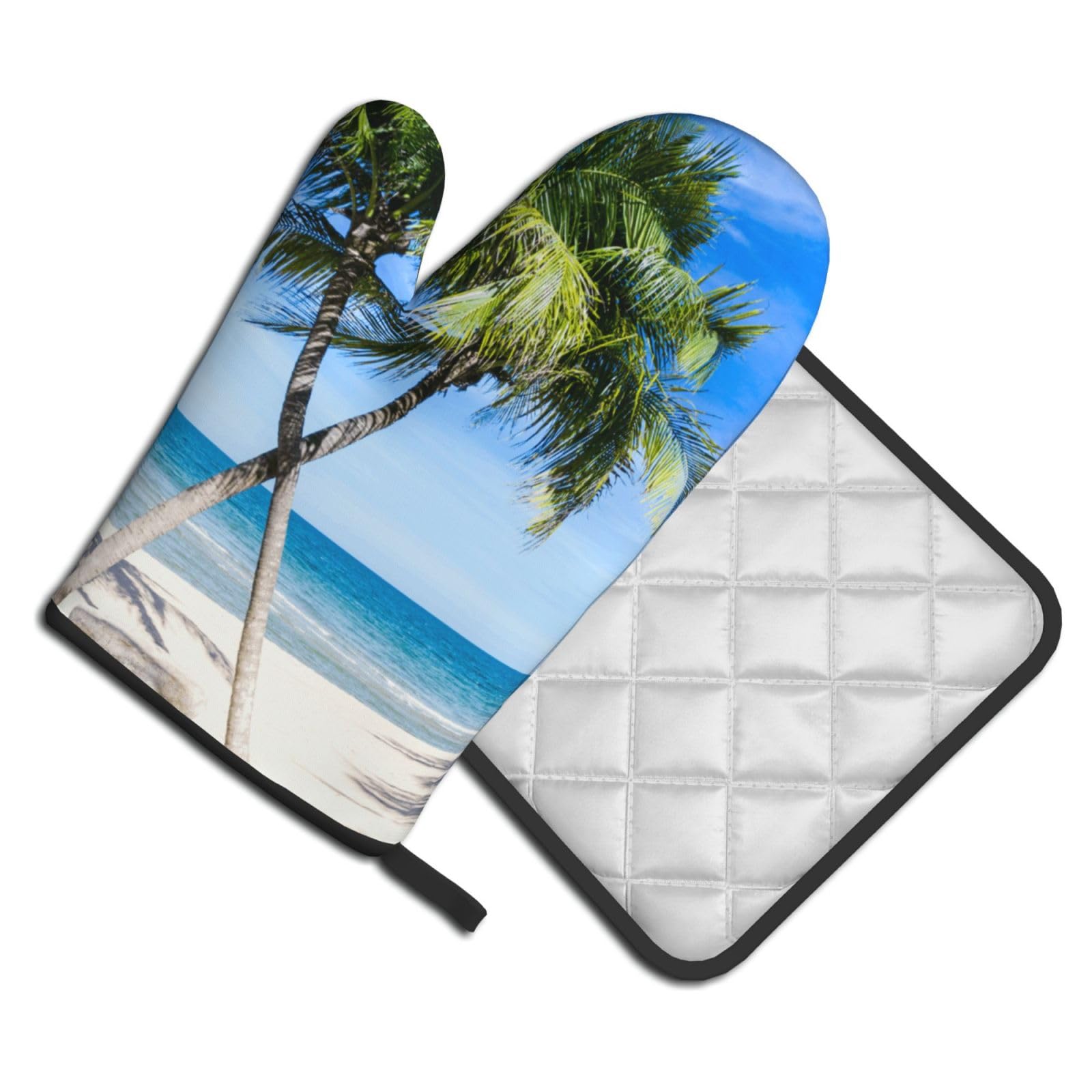 Oven Mitts and Pot Holders Set of 2 Pcs, Sea Palm Trees Printed Heat Resistant Kitchen Gloves Potholders for Cooking Baking Grilling