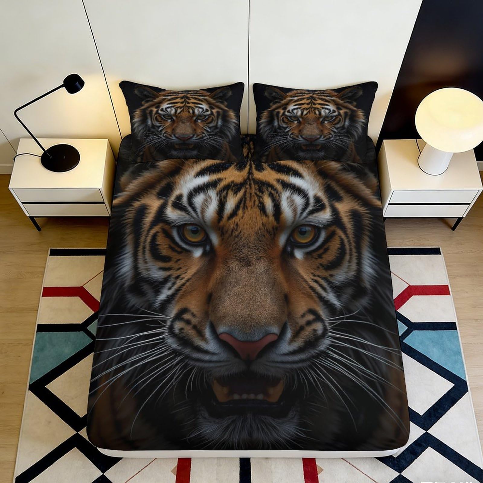 3D Printed Tiger Face Fitted Sheet Microfiber Soft Durable 3D Printed Tiger Head Bed Cover for Bedroom Dormitory Guest Room Mattress Protection 180x200x25cm