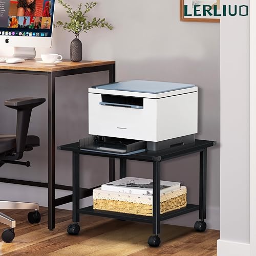 Miniatura 5 de Lerliuo Soporte de impresora para debajo del escritorio, mesa de impresora móvil industrial de 2 niveles con estante de almacenamiento y marco de