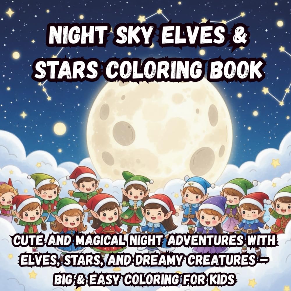 Night Sky Elves & Stars Coloring Book: Cute and Magical Night Adventures with Elves, Stars, and Dreamy Creatures – Big & Easy Coloring for Kids