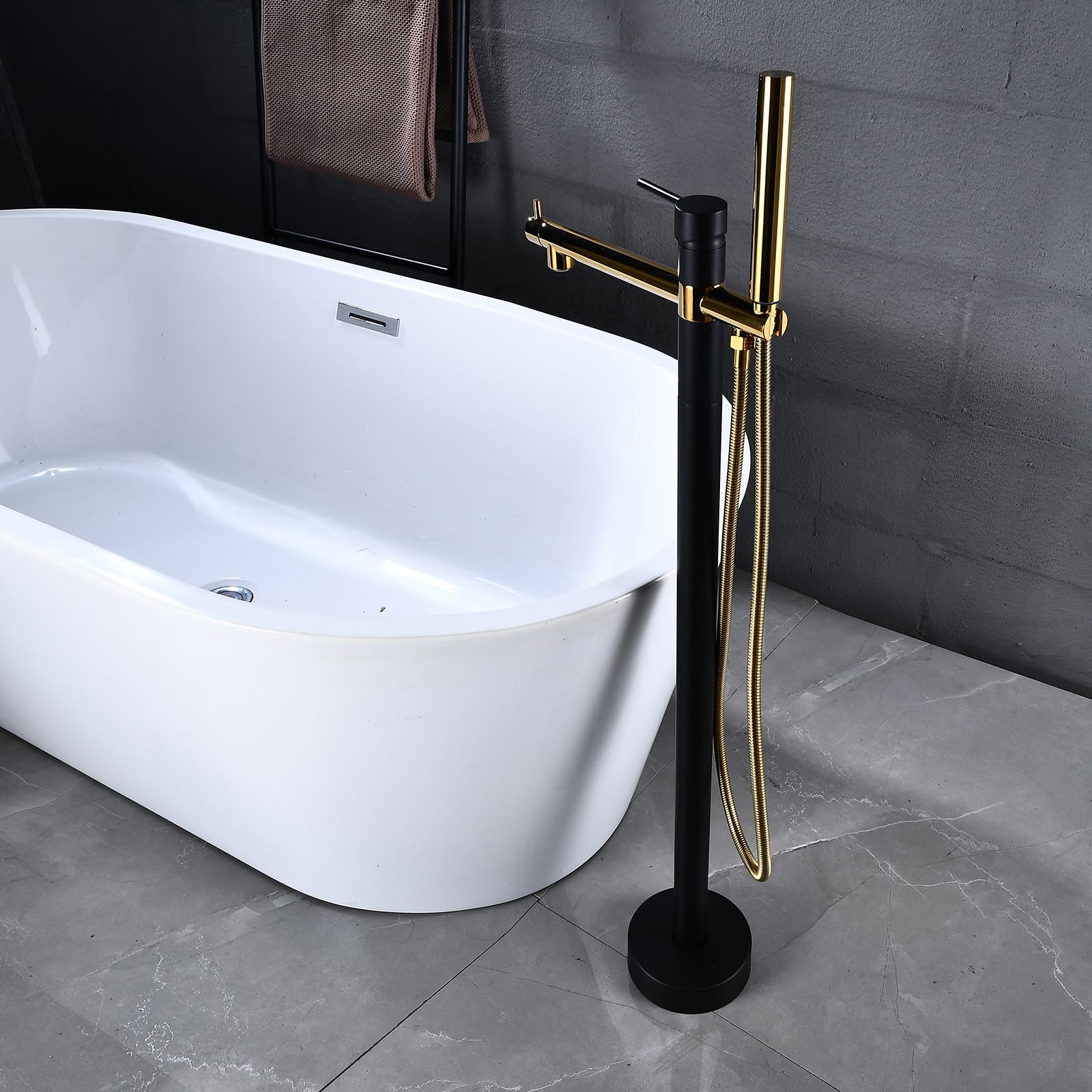 BHGFYXBS Shower Mixer Tap Freestanding Bath Mixer Tap White+Gold 360 Swivel Spout Hand Held Shower Head And Hose Set For Bath Taps Single Lever Shower Mixer,Black+gold