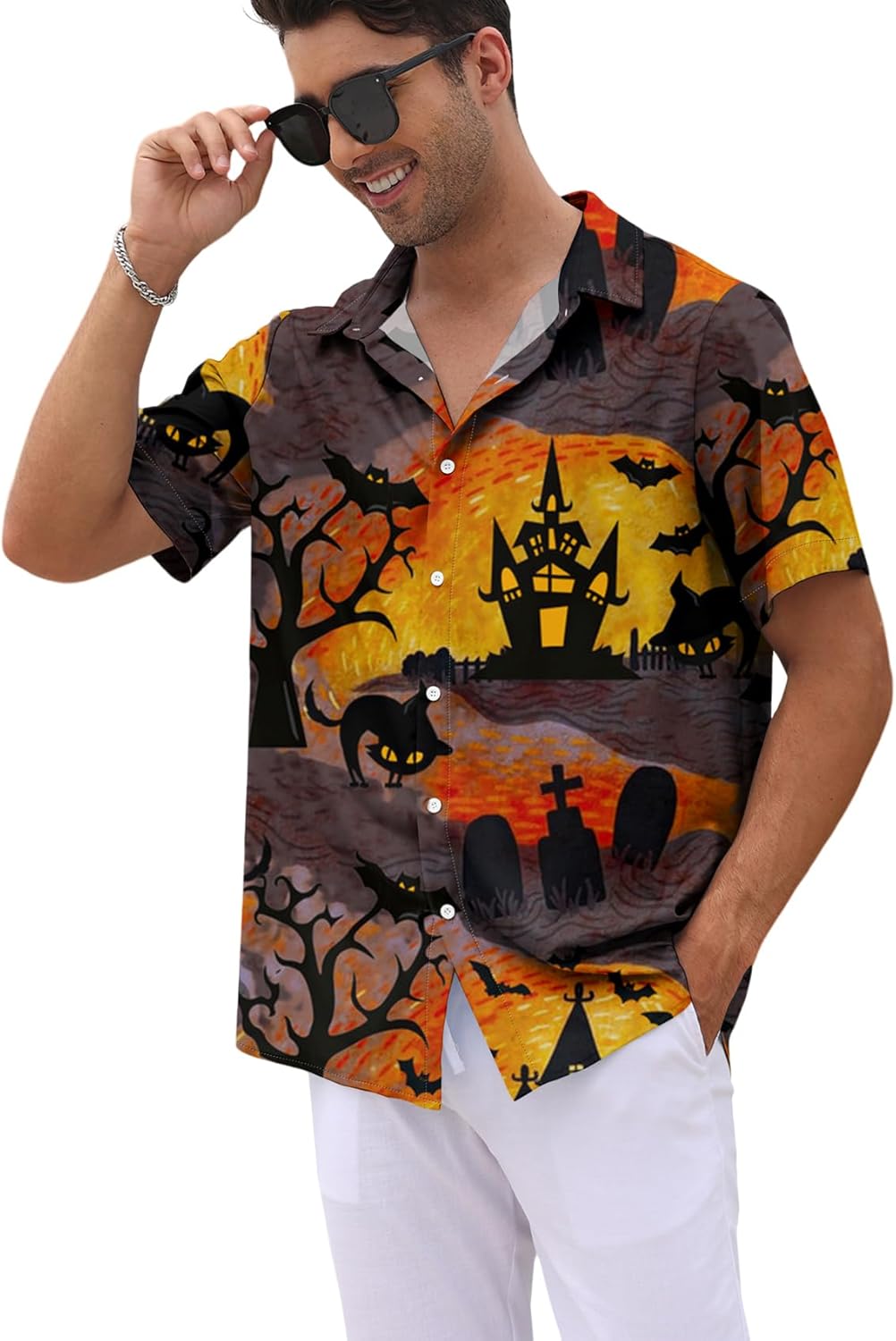 WHO IN SHOP Men's Halloween Shirts Cute Scary Horror Short Sleeve Button Up Shirt - Image 4