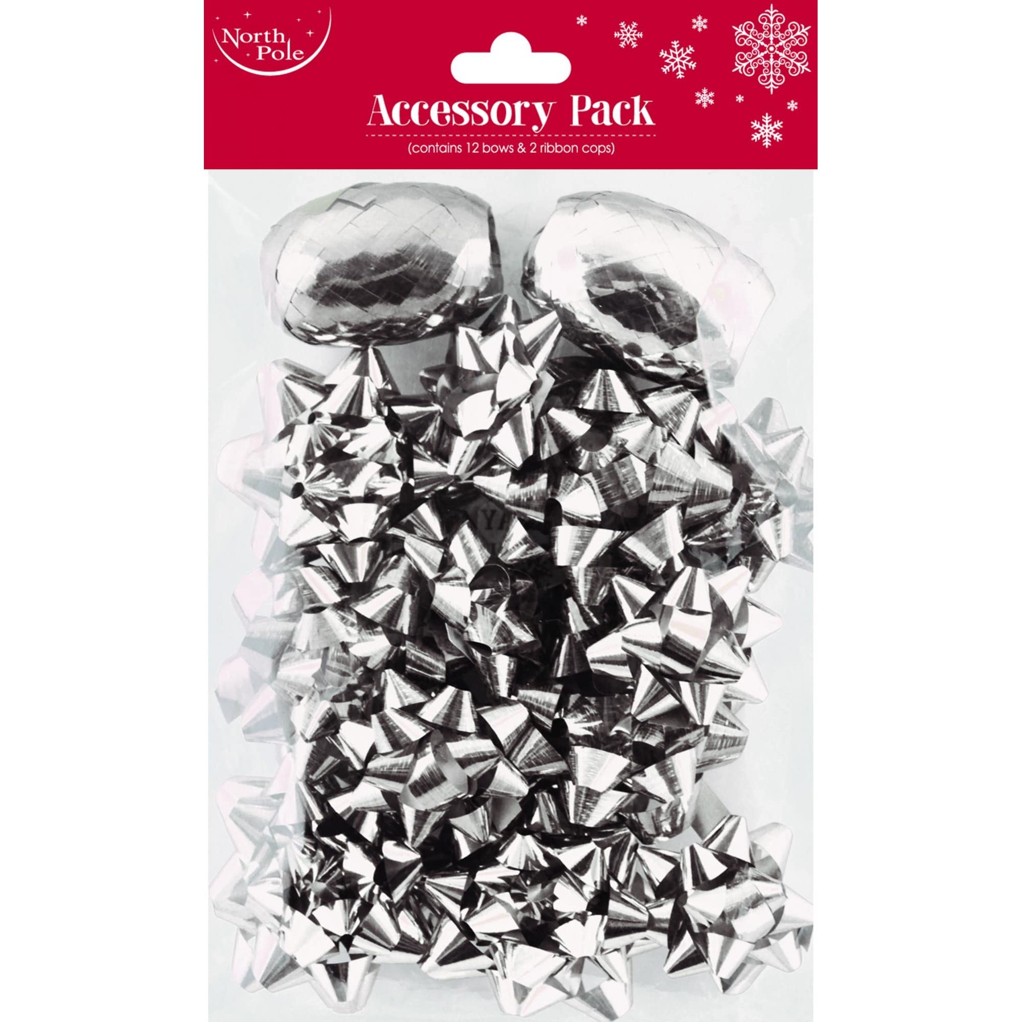 North Pole Silver Christmas Bows And Ribbon Cop Set Xmas Gift Bows Metallic Foil Accessory Pack