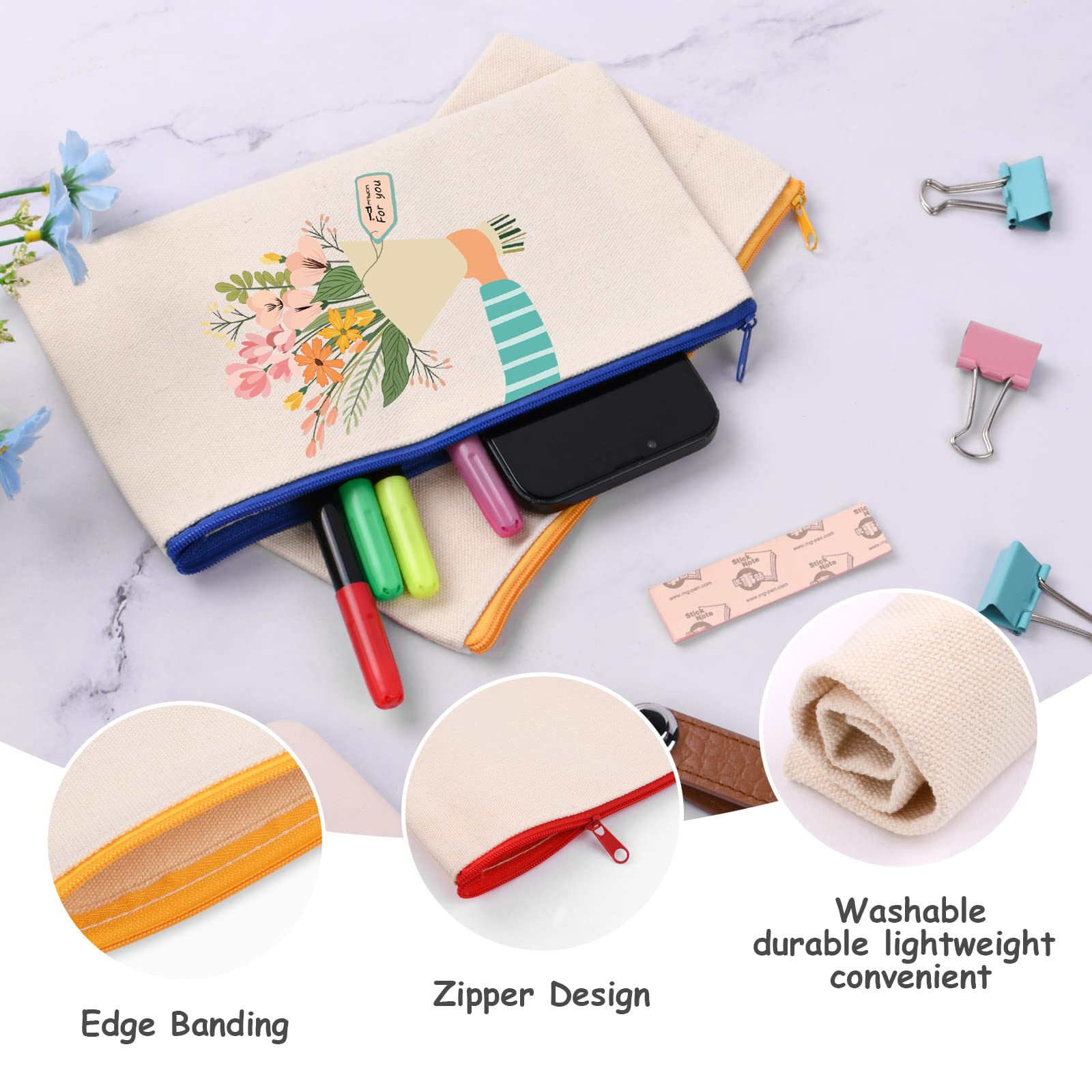 Vicloon Pochette Tissu Zippée 12pcs Trousse de Maquillage en Toile Personnalisable 21x12cm Beige