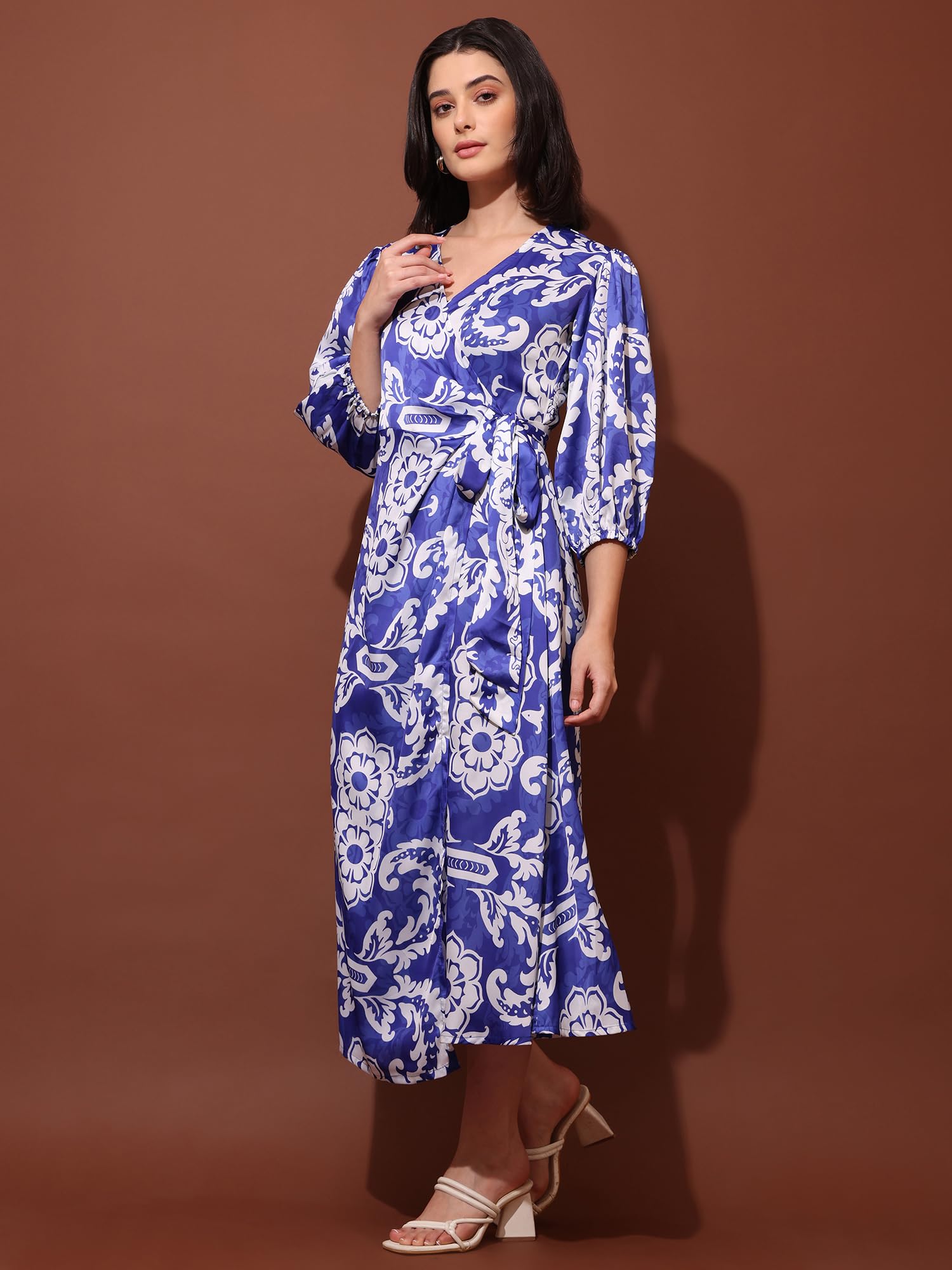 Purvaja Womens Satin Blue Dress (Floe-061-Blue_Large)