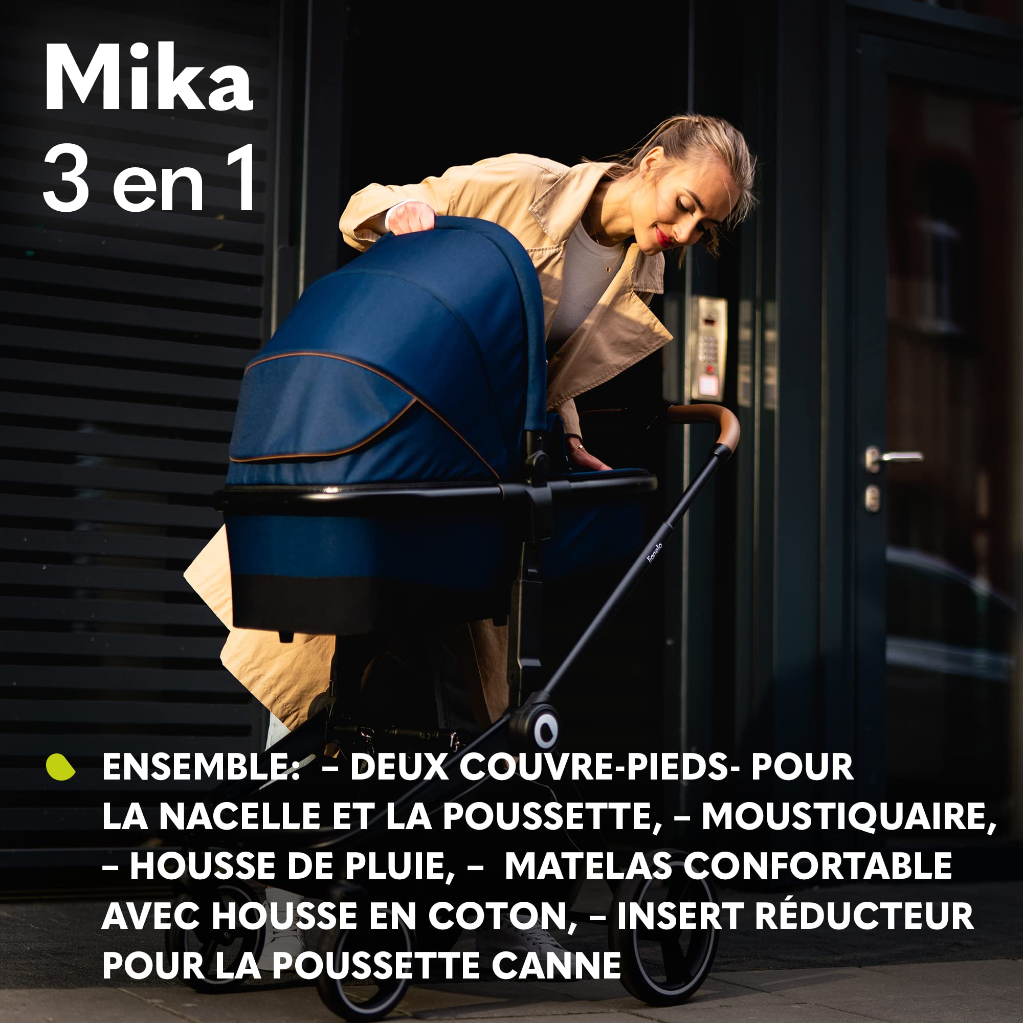 LIONELO Mika poussette bébé confort 3 en 1, poussette compacte, nacelle, siège auto, porte-bébé, moustiquaire, un chauffe-pieds un habillage de pluie