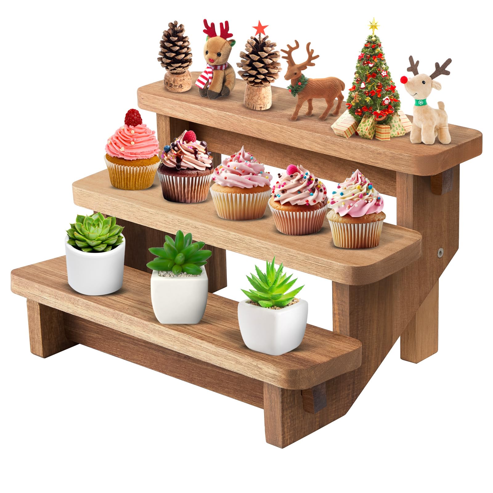 DUJUST Food Grade Acacia Cupcake Stand, 3-Tier Wooden Cake Stand, Afternoon Tea Stands Gift for Party&Home Décor, Rustic Wooden Display Stand for Food and Toys, Easy to Install & Clear