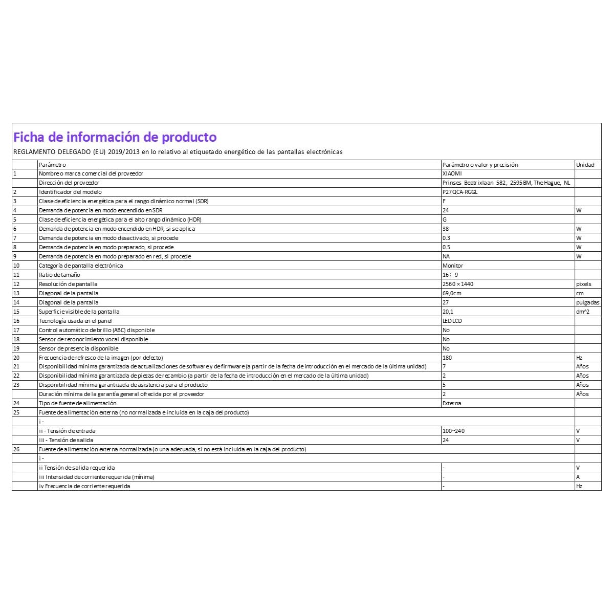 XIAOMI 2K Gaming Monitor G27Qi - Monitor Gaming de 27" QHD (2560 x 1440, 180Hz, 1ms, HDMI 2.0x1, Puerto DP 1.4x1, Protección Luz Azul), Negro (Versión ES)