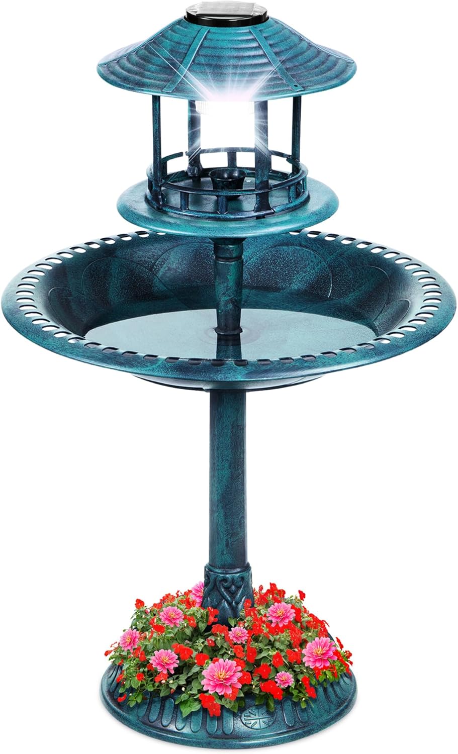 Best Choice Products Solar Outdoor Bird Bath Vintage Resin Pedestal Fountain Decoration for Yard, Garden w/Planter Base, Feeder, Decorative Bird Cage, Fillable Stand - Peacock Blue