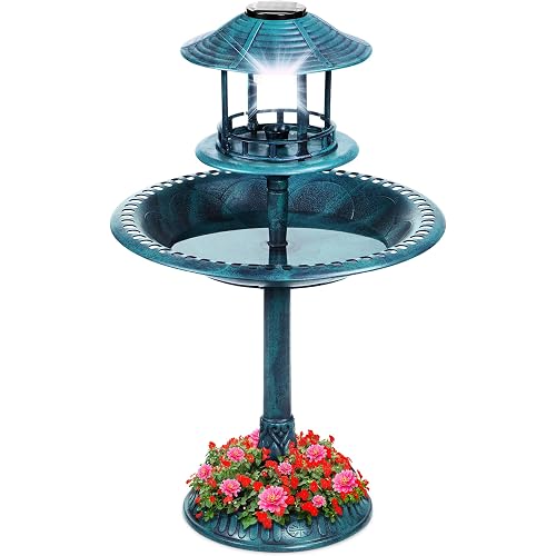 Best Choice Products Solar Outdoor Bird Bath Vintage Resin Pedestal Fountain Decoration for Yard, Garden w/Planter Base, Feeder, Decorative Bird Cage, Fillable Stand - Peacock Blue