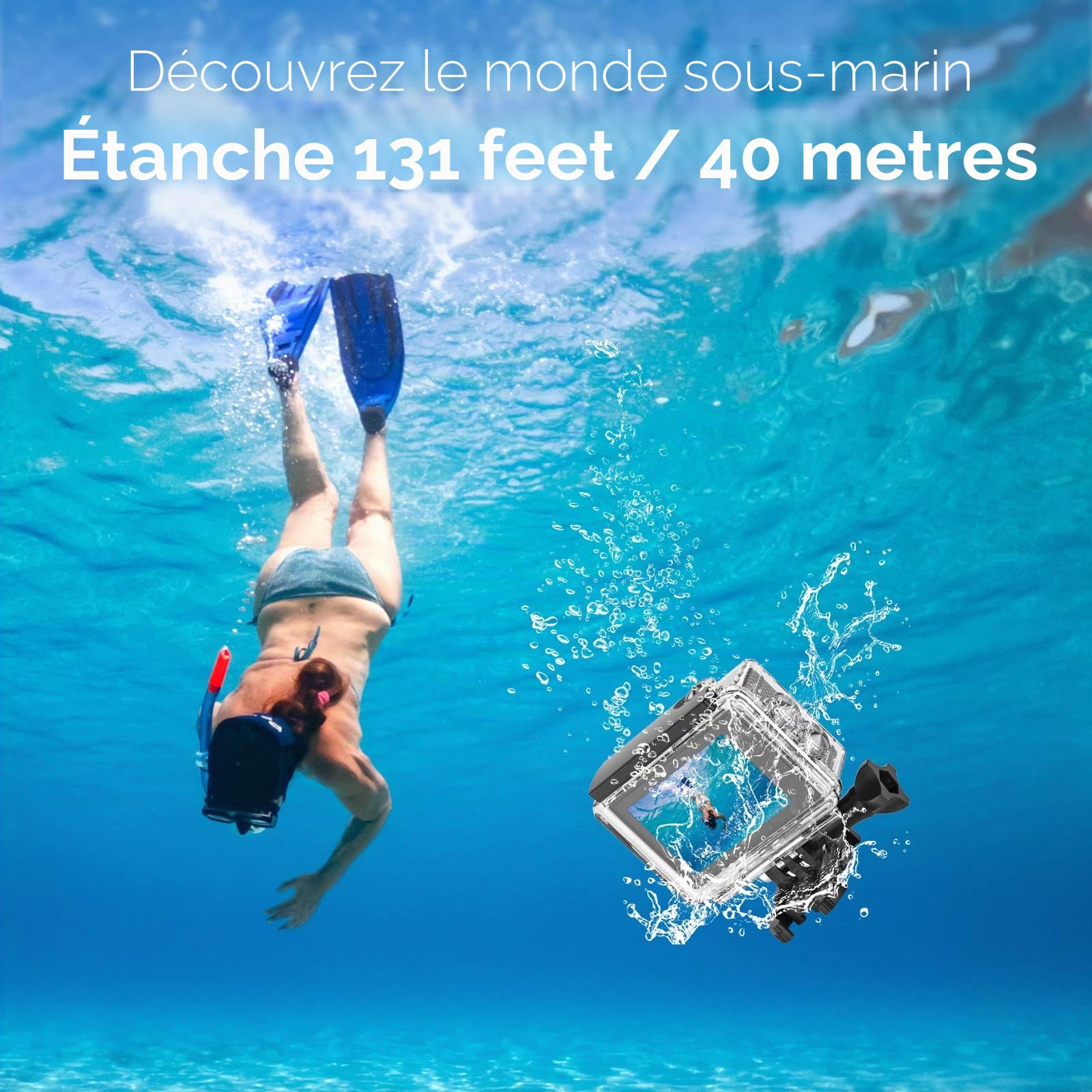 Caméra d'action 4K / 30fps, Action Caméscope WiFi 20MP, 131ft/40m Caméra Étanche EIS avec Microphone Sport Caméra 170°avec Télécommande 2 Batteries, Divers Accessoires